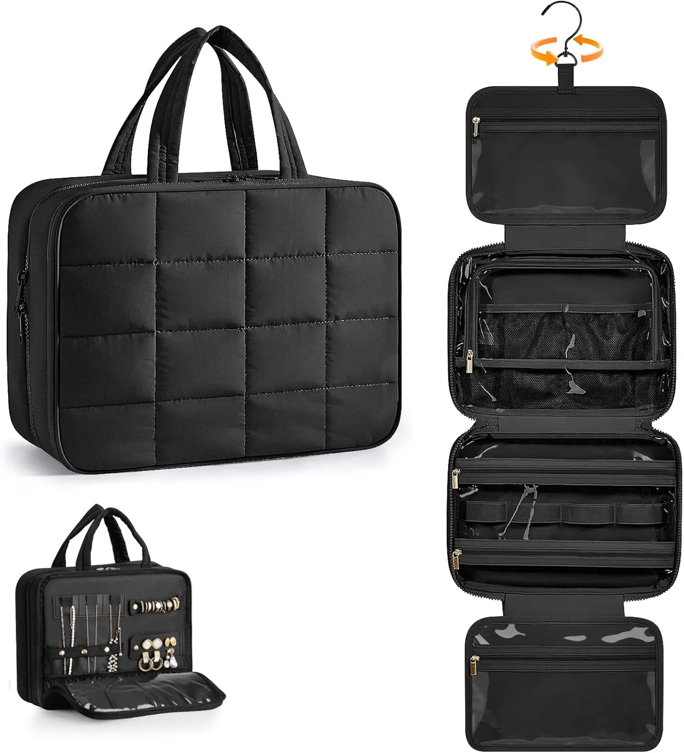 Travel Toiletry Bag with Separate Jewelry Organizer, Water-resistant Makeup Bag with Hanging Hook, Large Capacity Travel Organizer for Toiletries, Cosmetic, Vacation Accessories - Medium