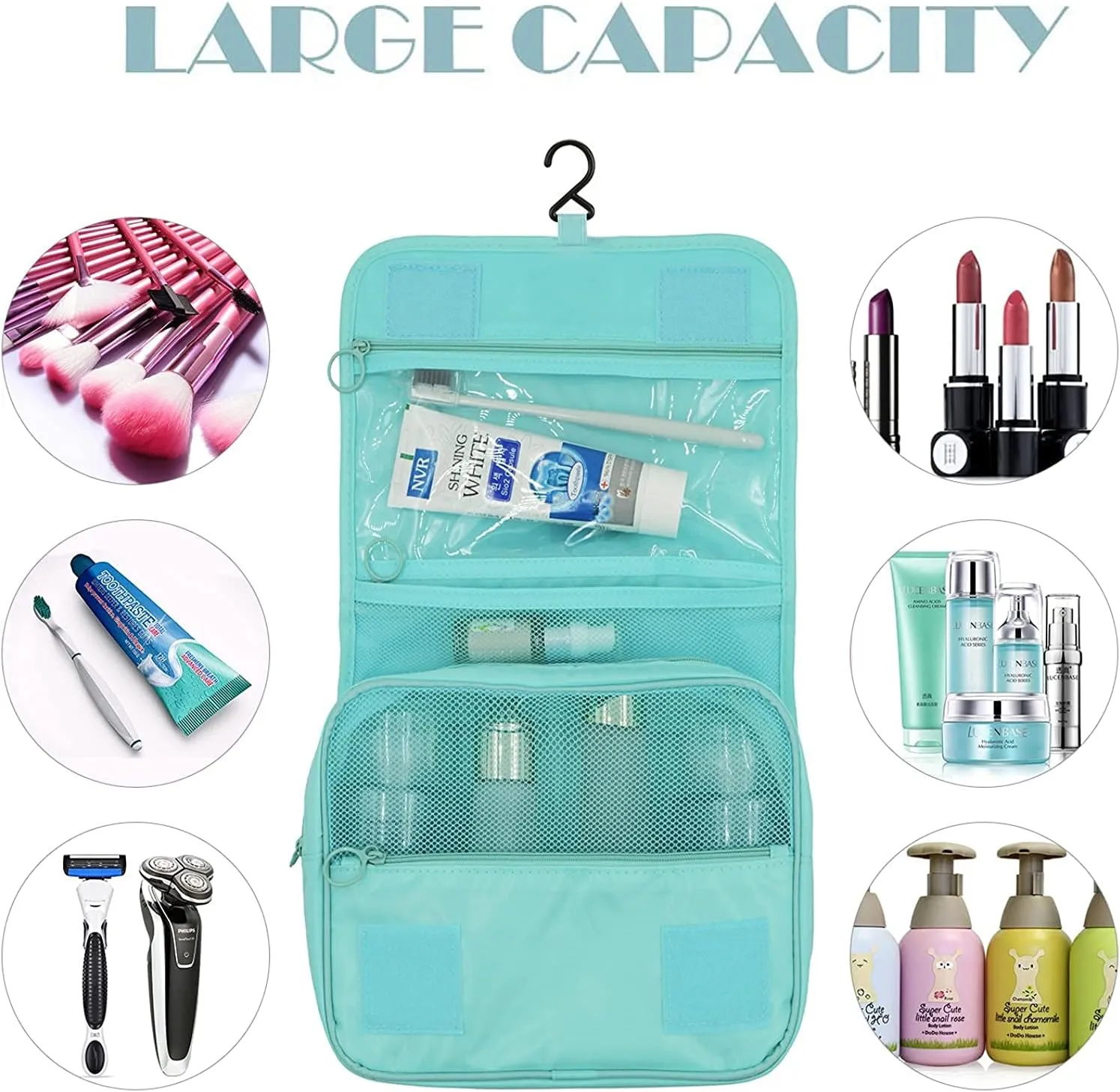 Trawila Travel Hanging Toiletry Bag Cosmetic Bag Makeup Organizers for Men & Women with Sturdy Hook (Blue)
