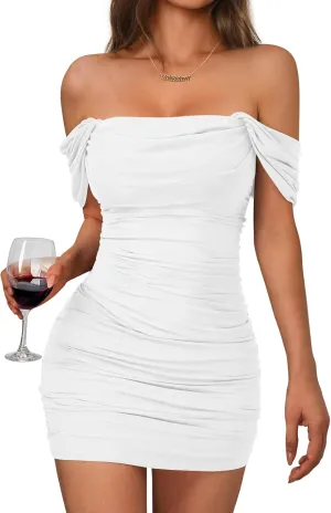Trendy Queen Womens Mesh Off The Shoulder Ruched Mini Dresses Summer Party Bodycon Short Dress