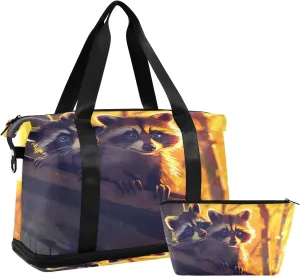 Two Raccoons on The Roof and Sun Travel Duffel Bag Waterproof Gym Sport Tote Bag Carry On Weekender Bag with Compartment