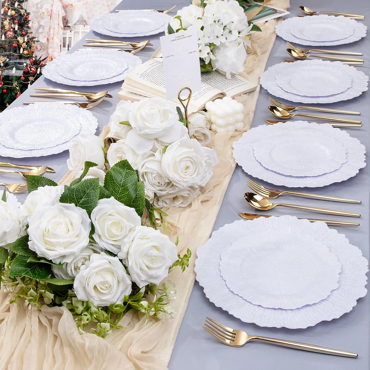 U-QE 60 Pieces White Plastic Plates for Party - Disposable & Reusable - Premium Hard Reef Disposable Plates - Including 30 10" Dinner & 30 7" Dessert Plates for Wedding