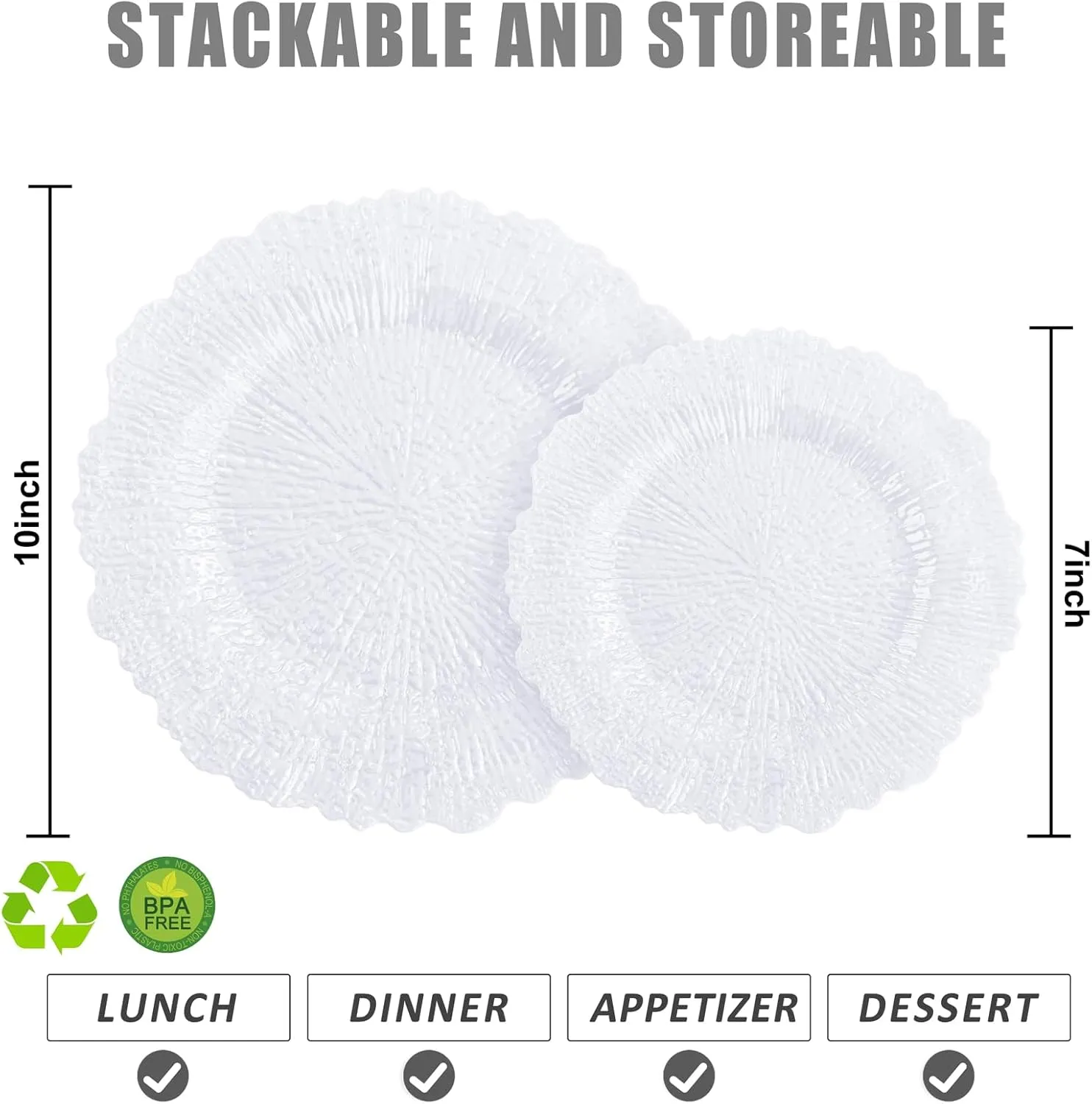 U-QE 60 Pieces White Plastic Plates for Party - Disposable & Reusable - Premium Hard Reef Disposable Plates - Including 30 10" Dinner & 30 7" Dessert Plates for Wedding
