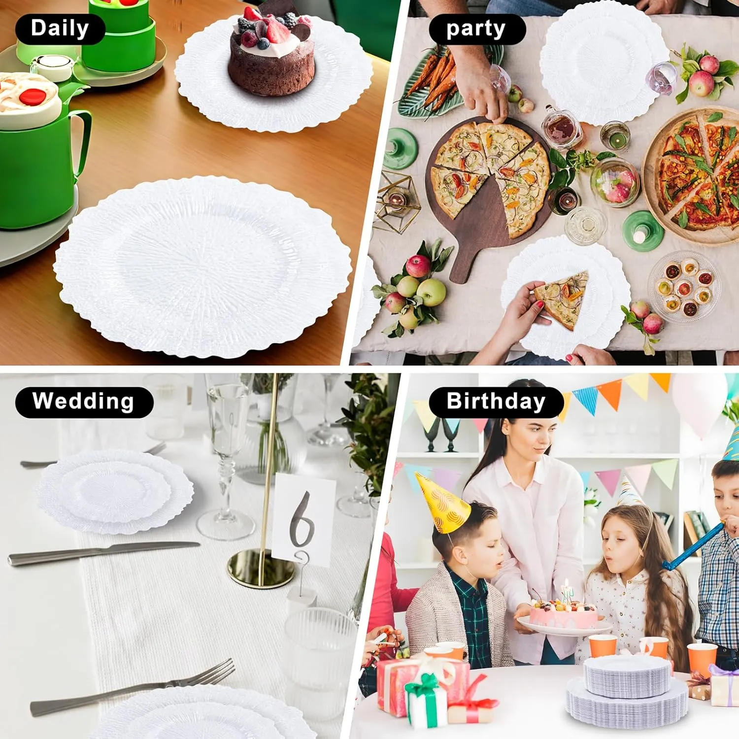 U-QE 60 Pieces White Plastic Plates for Party - Disposable & Reusable - Premium Hard Reef Disposable Plates - Including 30 10" Dinner & 30 7" Dessert Plates for Wedding