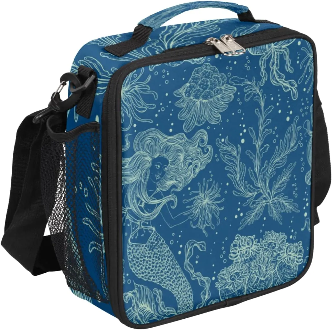 Underwater Biological Patterns Lunch Bag With Shoulder Strap and Mesh PocketsMarine Animals Reusable Insulated Lunch box Cooler Bag for Women Men Office Outdoor Work Picnic