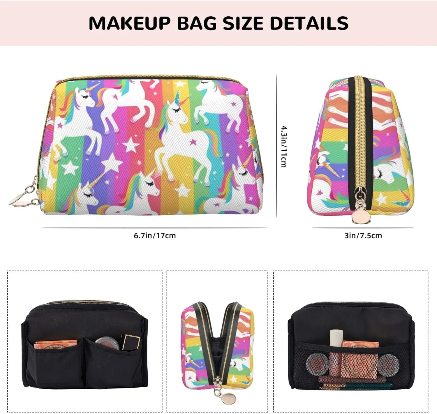 Unicorns On Stripes Toiletry Pouch, Travel-Friendly Makeup Organizer For Makeup Brushes, Lipsticks