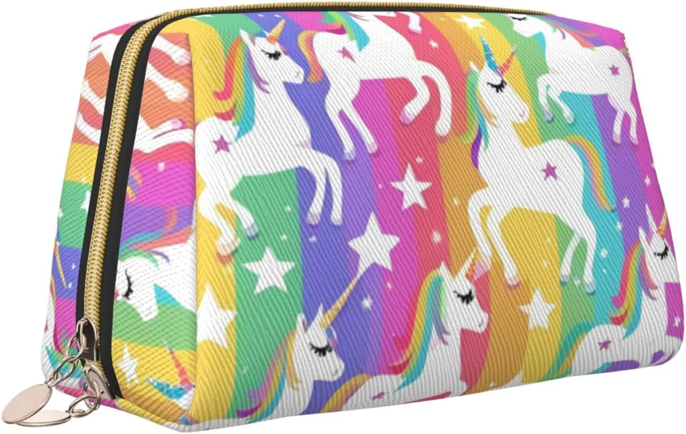 Unicorns On Stripes Toiletry Pouch, Travel-Friendly Makeup Organizer For Makeup Brushes, Lipsticks