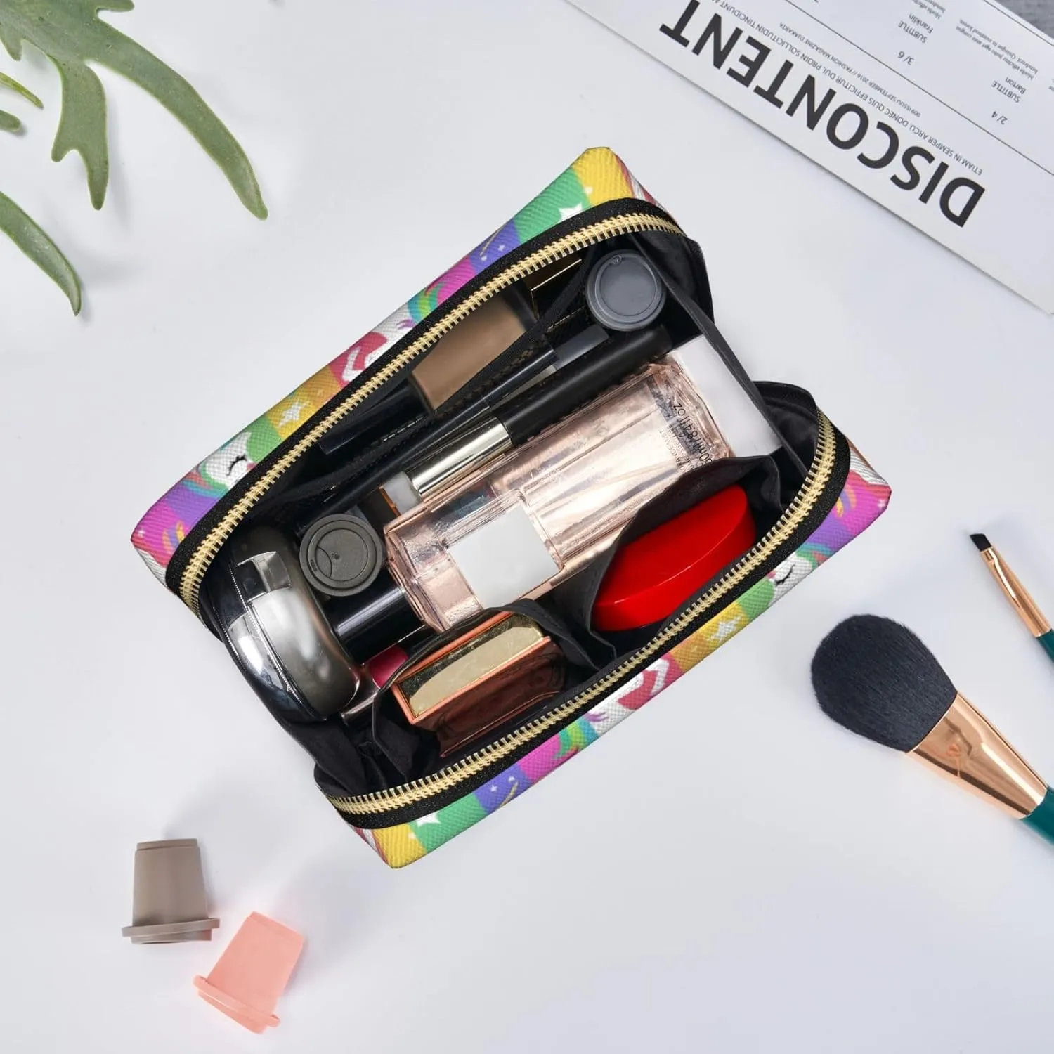 Unicorns On Stripes Toiletry Pouch, Travel-Friendly Makeup Organizer For Makeup Brushes, Lipsticks