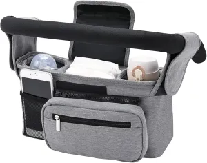 Universal Stroller Organizer with Insulated Cup Holder, Detachable Phone Bag and Shoulder Strap, Cozy Nest Stroller Caddy Organizer Fits for All Stroller Types (Grey)
