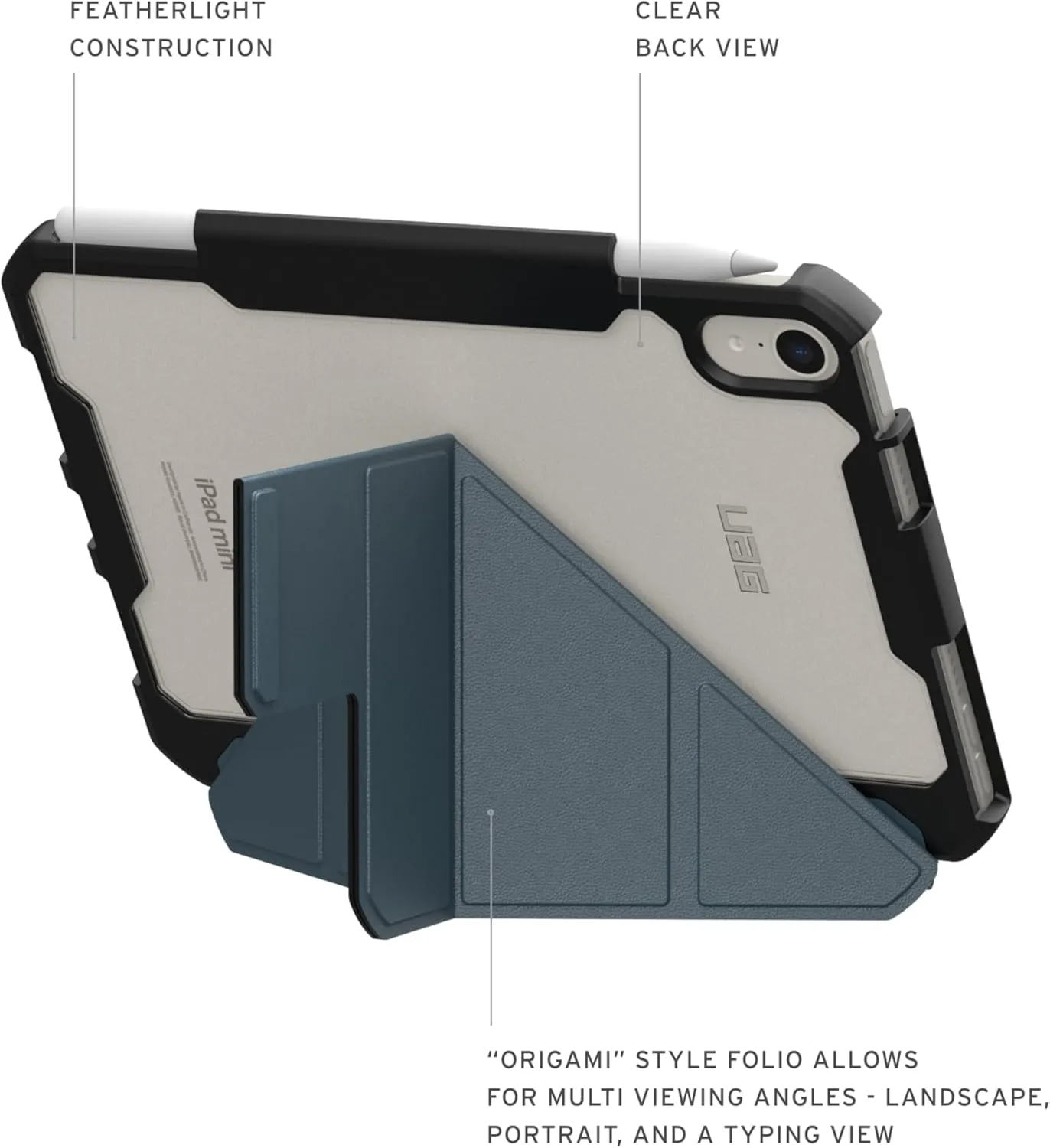 URBAN ARMOR GEAR UAG Designed for iPad mini A17 Pro Case (7th Gen, 2024) A2993 A2995 A2996 8.3" Essential Armor, Multi-Angle Adjustable Stand Protective Cover w/Pencil Pro/Pencil Holder, Cloud Blue