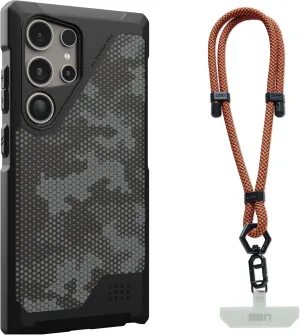 URBAN ARMOR GEAR UAG Designed for Samsung Galaxy S24 Ultra Case Metropolis LT Micro Hex Camo Graphite Magnetic Charging Bundle with UAG Civilian Phone Wrist Lanyard 7mm Adjustable Strap Rust/Black