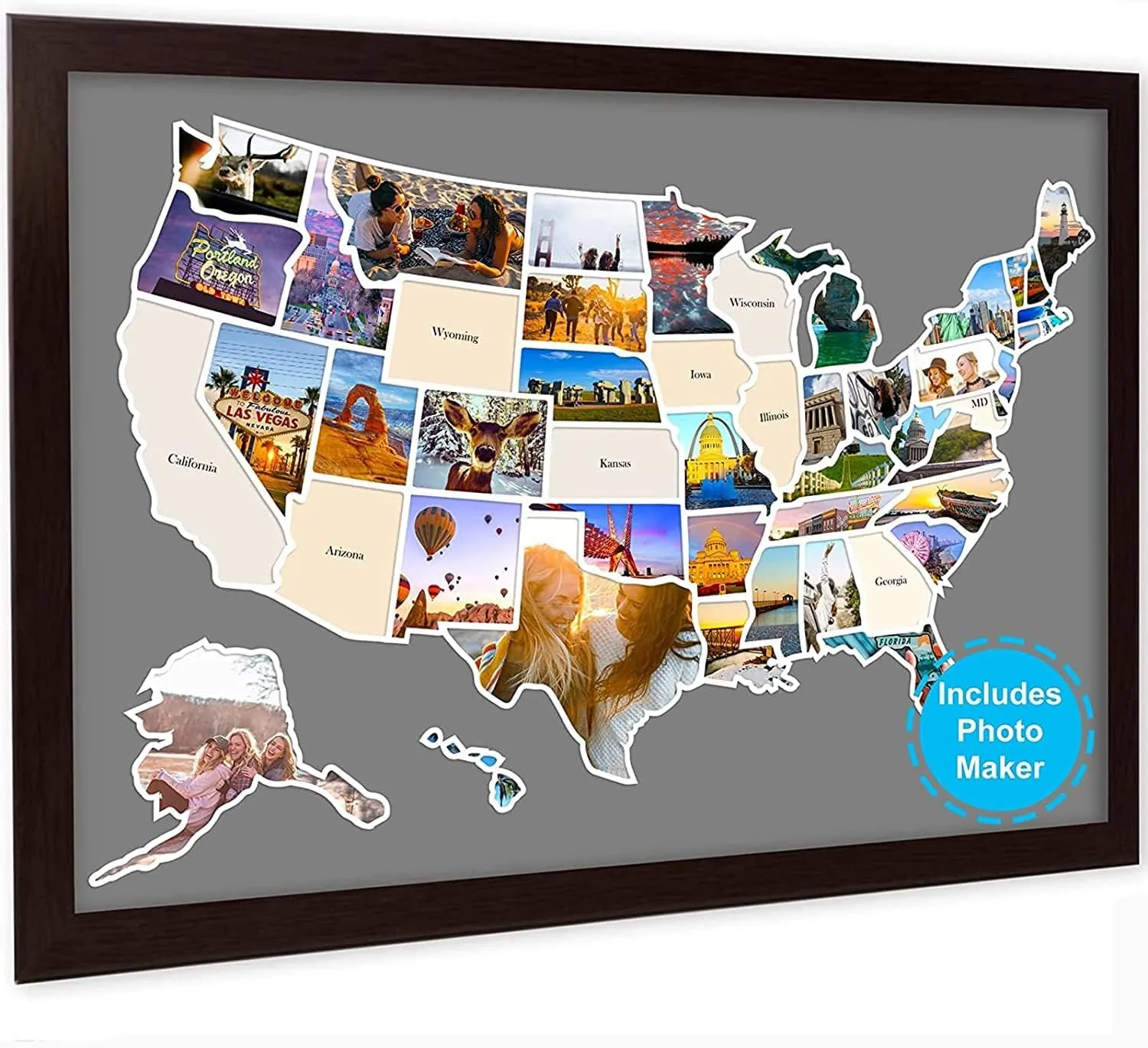 USA Photo Map - 50 States Travel Map 24 x 36 in, Includes Photo Maker, Idea Gift for Lovers Couples Adventurers, United States Weve Visited Vocation Travel Tracker Wall Décor (FRAME NOT INCLUDED)