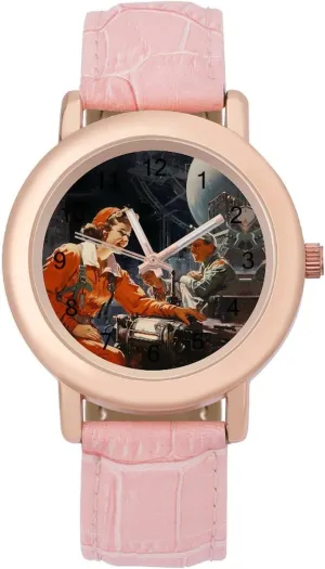 USSR Space Program Rocket Communism Women's Leather Strap Watch Casual Watch Band Wristwatch Dress Watch for Home Work
