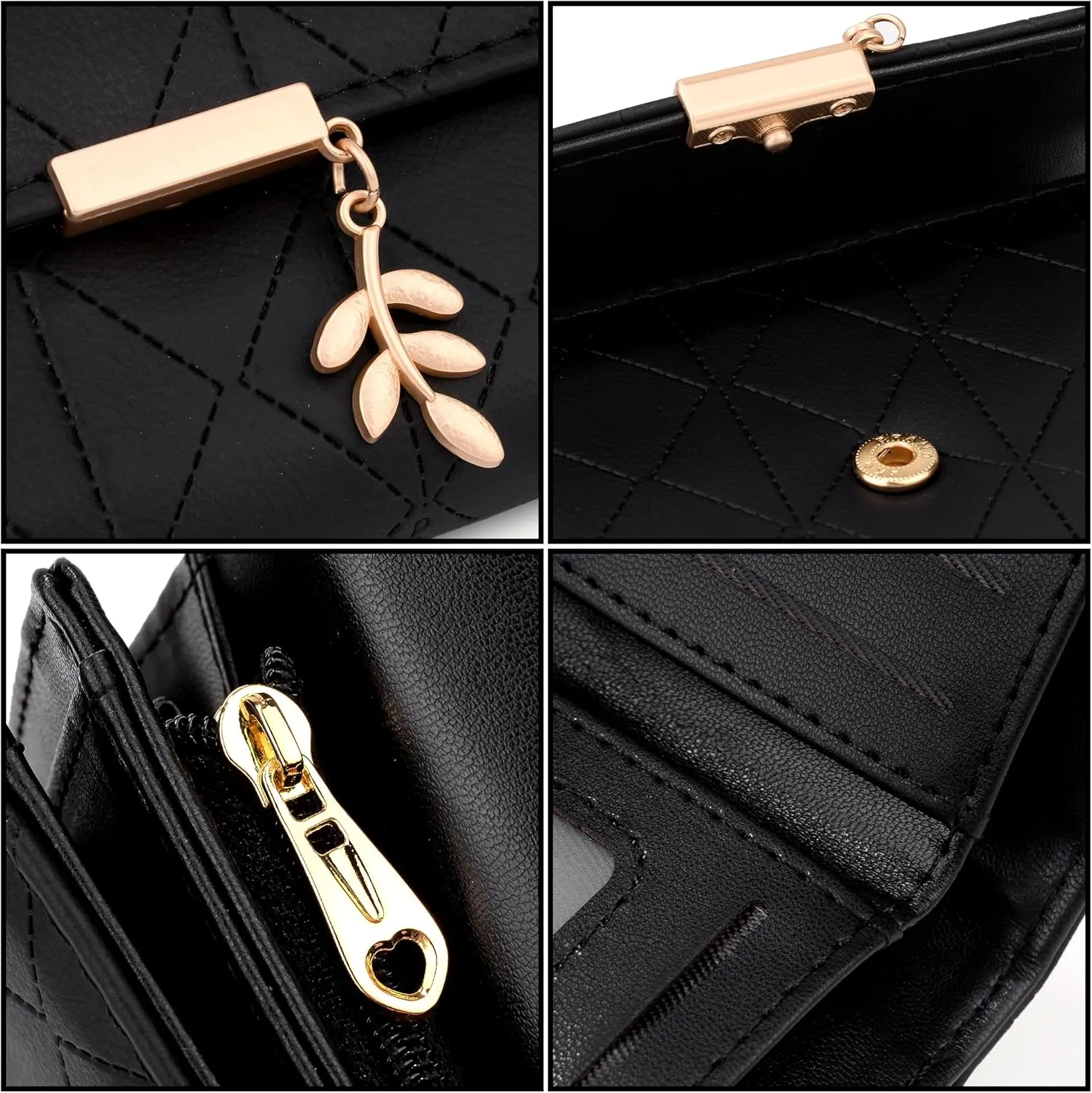 UTO RFID Wallet for Women PU Leather Leaf Pendant Card Holder Phone Checkbook Organizer Zipper Coin Purse