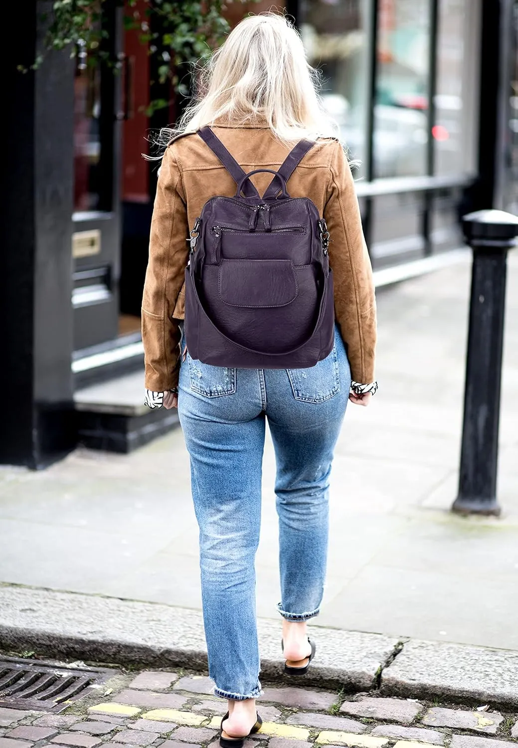 UTO Women Backpack Purse 3 ways PU Washed Leather Ladies Rucksack Shoulder Bag New Blue