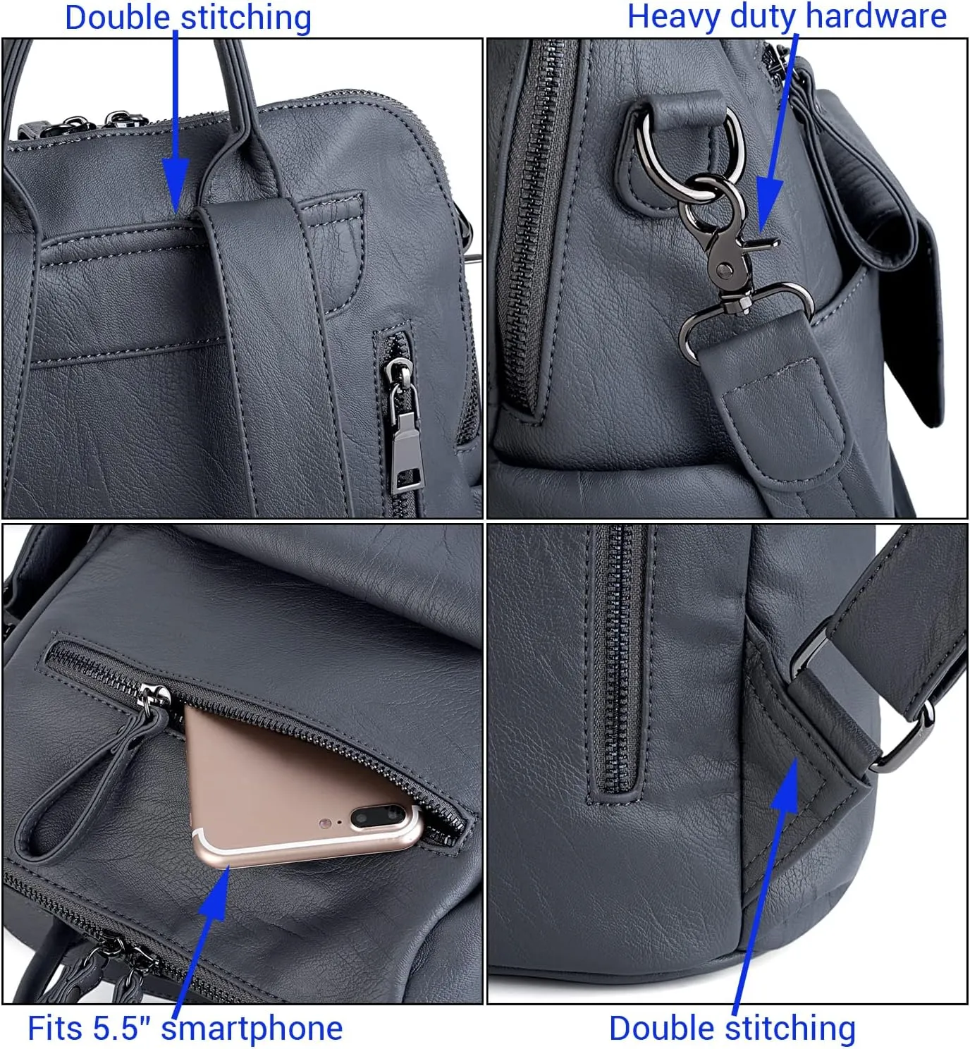 UTO Women Backpack Purse 3 ways PU Washed Leather Ladies Rucksack Shoulder Bag New Blue