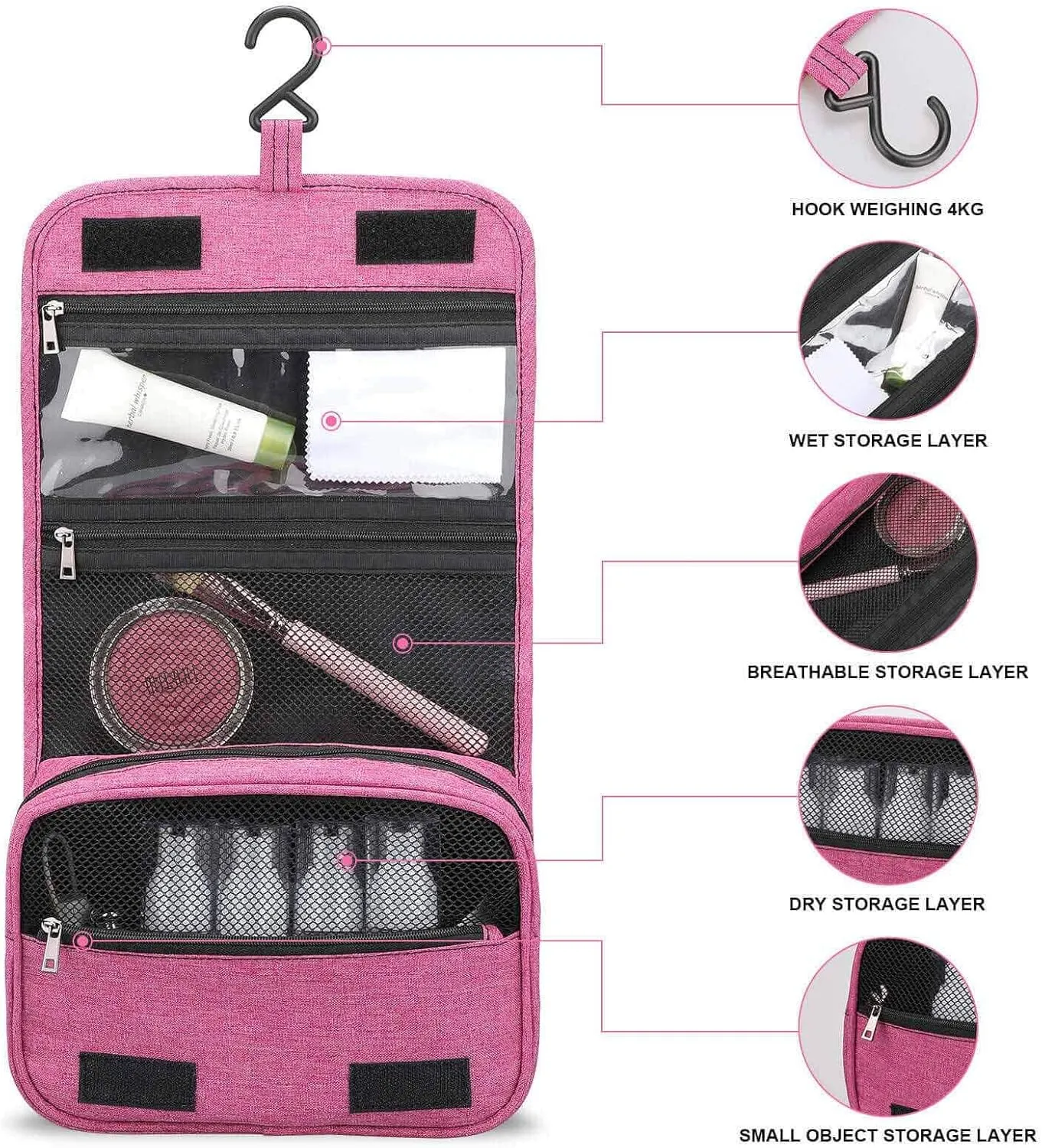 Valentine Theme,Makeup Bag Cosmetic Travel Bag with Hanging Hook,Heart Motifs Romance Love Theme,Water-resistant Make Up Bag Organizer for Brushes,Full-size Container,Toiletries,Pink Green