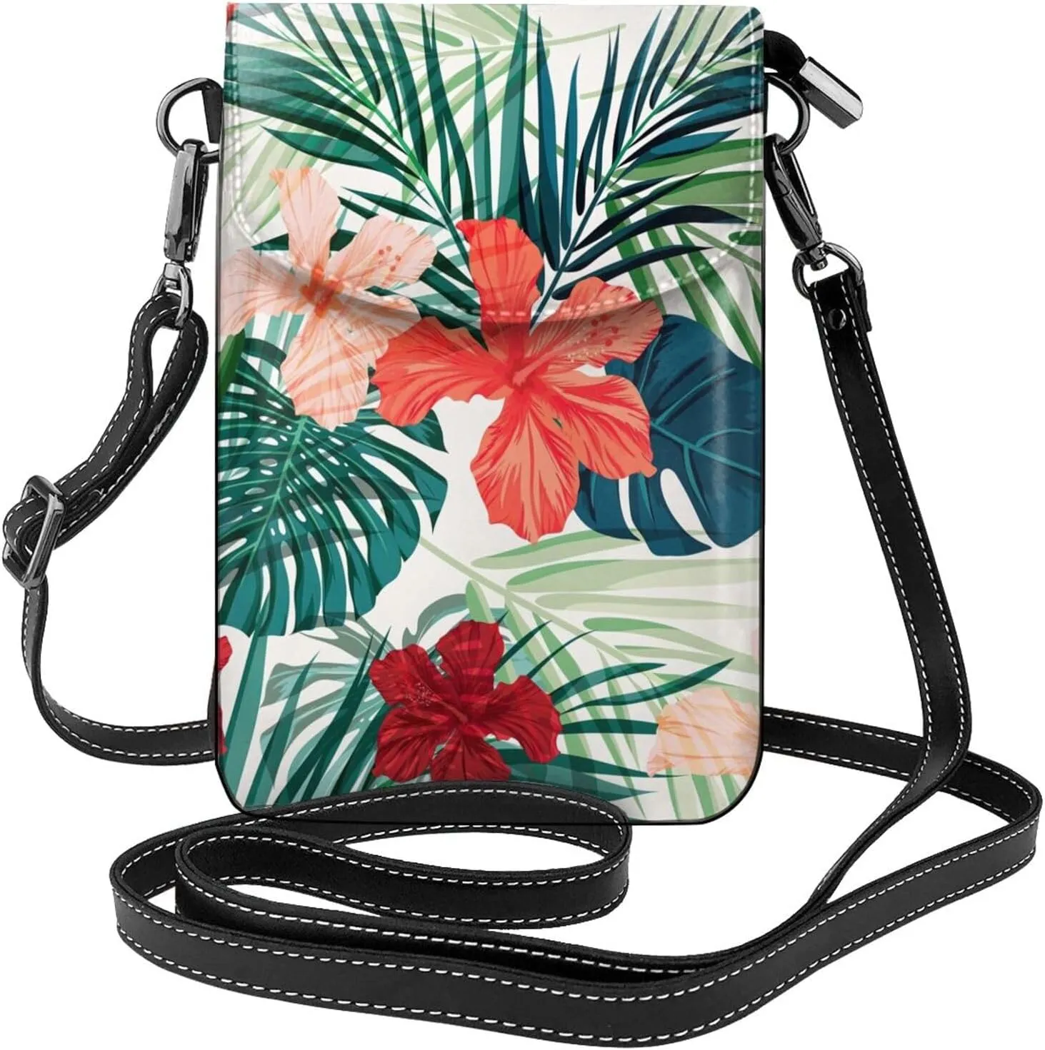 Vegetation Leaves with Hibiscus Flowers Print Small Crossbody Handbags Adjustable Shoulder Strap for Women Mini Cell Phone Purse
