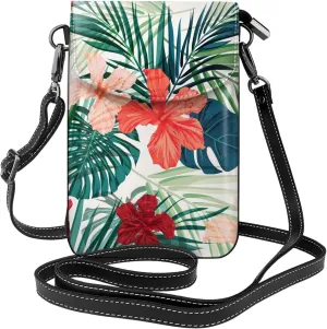 Vegetation Leaves with Hibiscus Flowers Print Small Crossbody Handbags Adjustable Shoulder Strap for Women Mini Cell Phone Purse