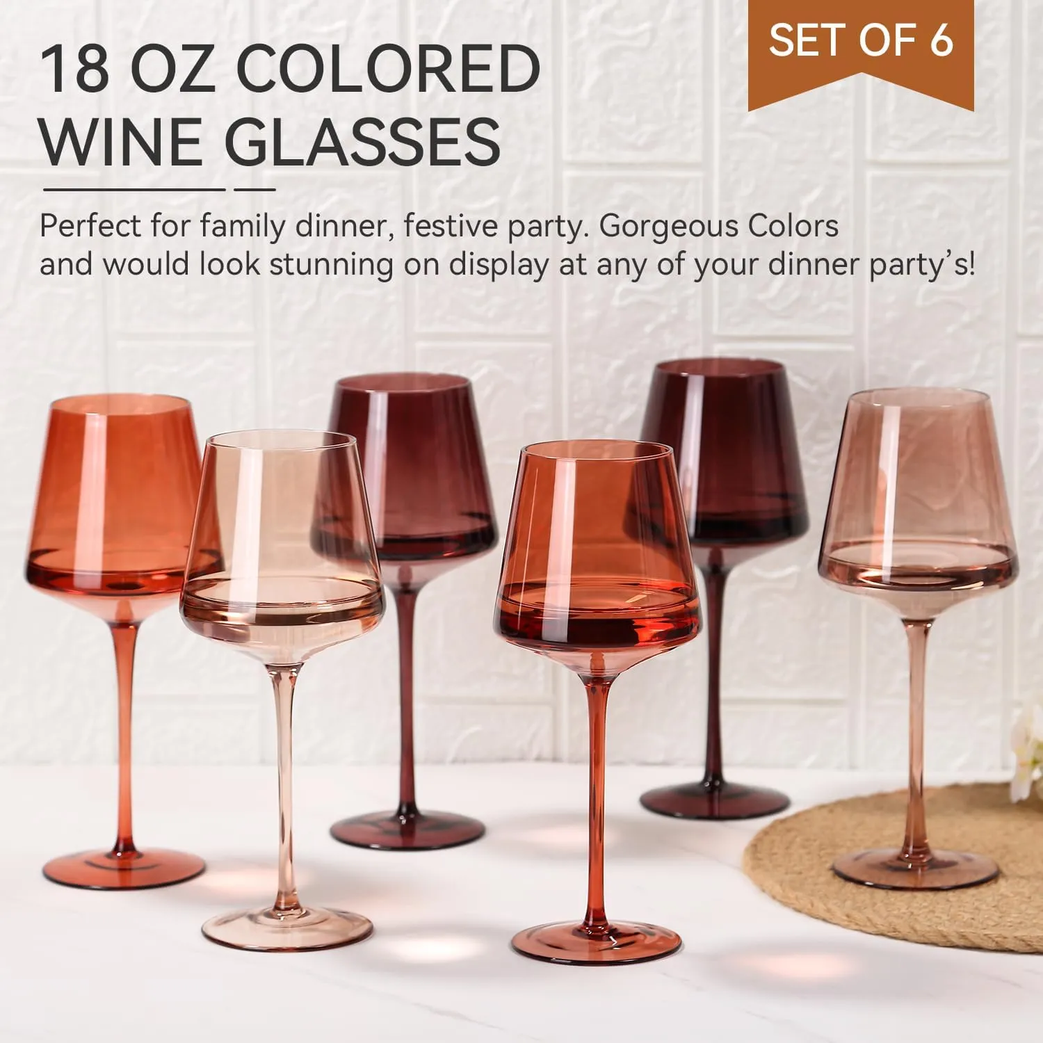 Venus Colored Wine Glasses Set of 6-18oz【Hand Blown】Crystal Colorful Wine Glasses with Stem-Venus Wine Glass Wedding gift set for wine lovers Red White Wine Dinner