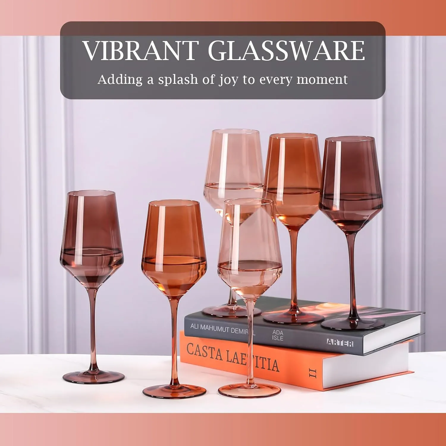Venus Wine Glasses Set of 6-14oz [Hand-Blown] Maillard-Inspired Amber & Espresso Stemware, Earth-Tone Crystal Glasses | Limited Edition with 2025 Trend Color: Mocha Mousse