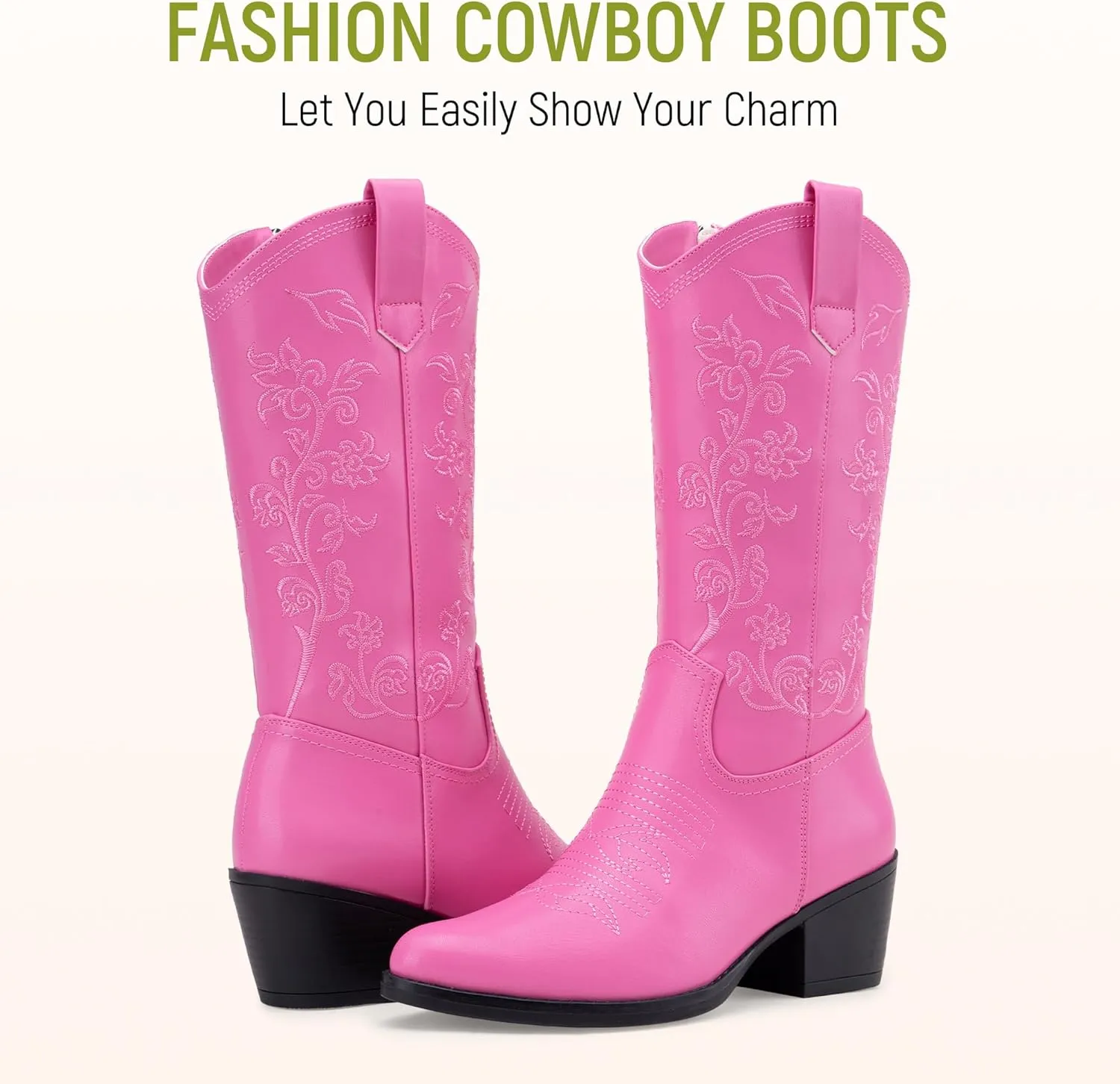 Vepose Women's 9803 Embroided Cowboy Boots,Western Pull on Point Toe Mid-Calf Cowgirl Boots with Inside Zipper