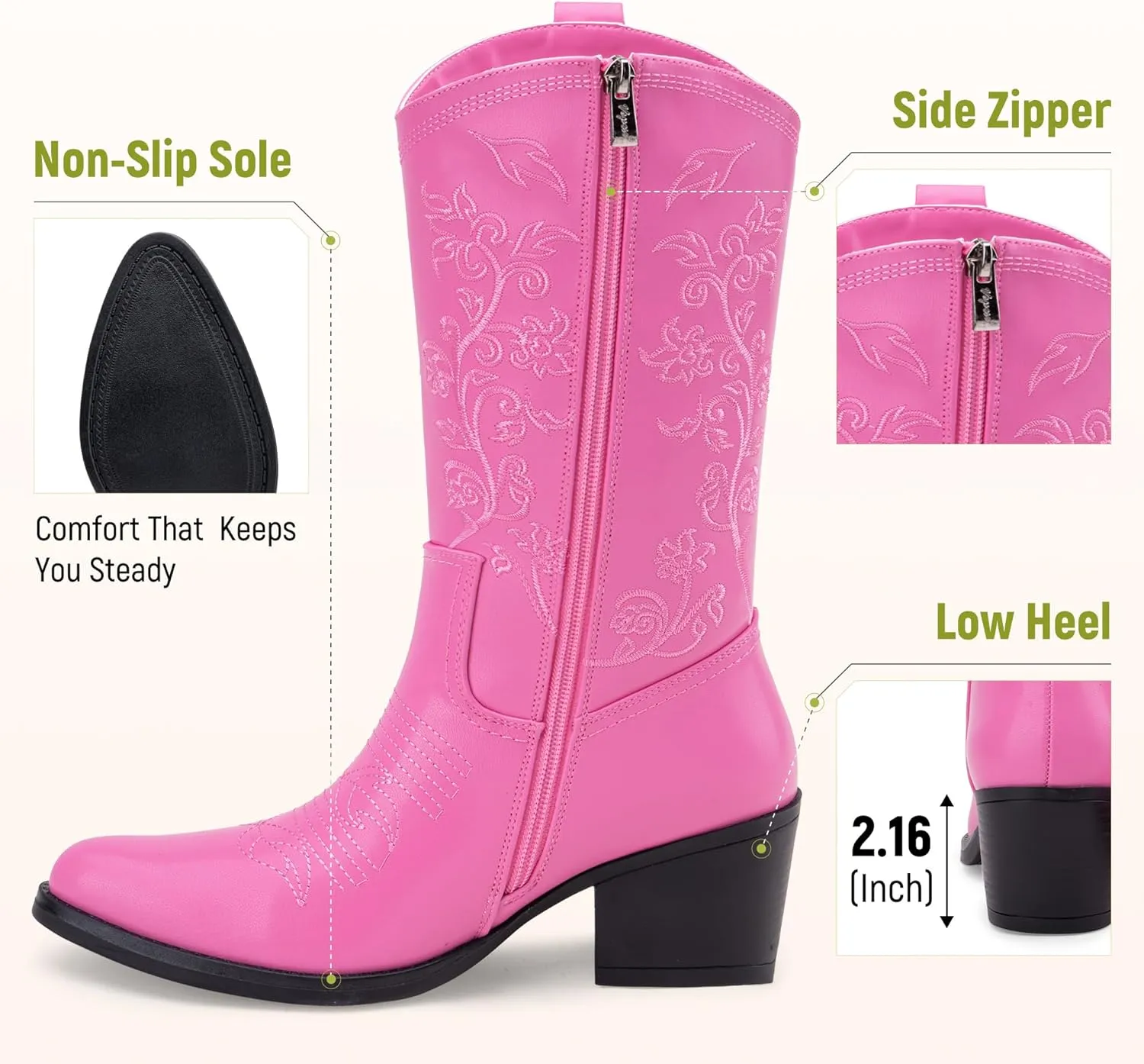 Vepose Women's 9803 Embroided Cowboy Boots,Western Pull on Point Toe Mid-Calf Cowgirl Boots with Inside Zipper