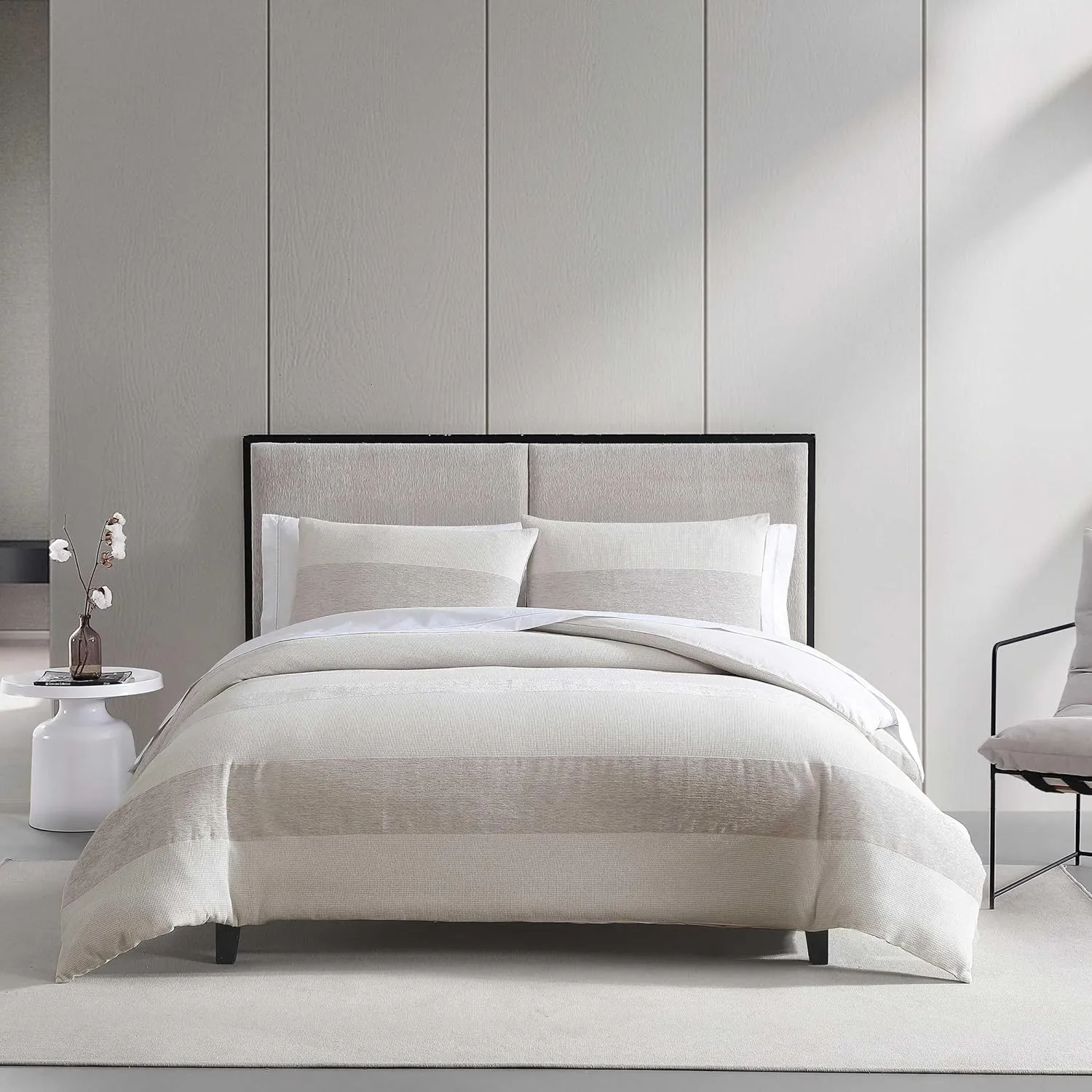 Vera Wang - King Comforter Set, Premium Cotton Bedding Set with Matching Shams, Chic Room Essentials, Oeko-Tex Certified (Chenille Waffle Stripe Beige, King)