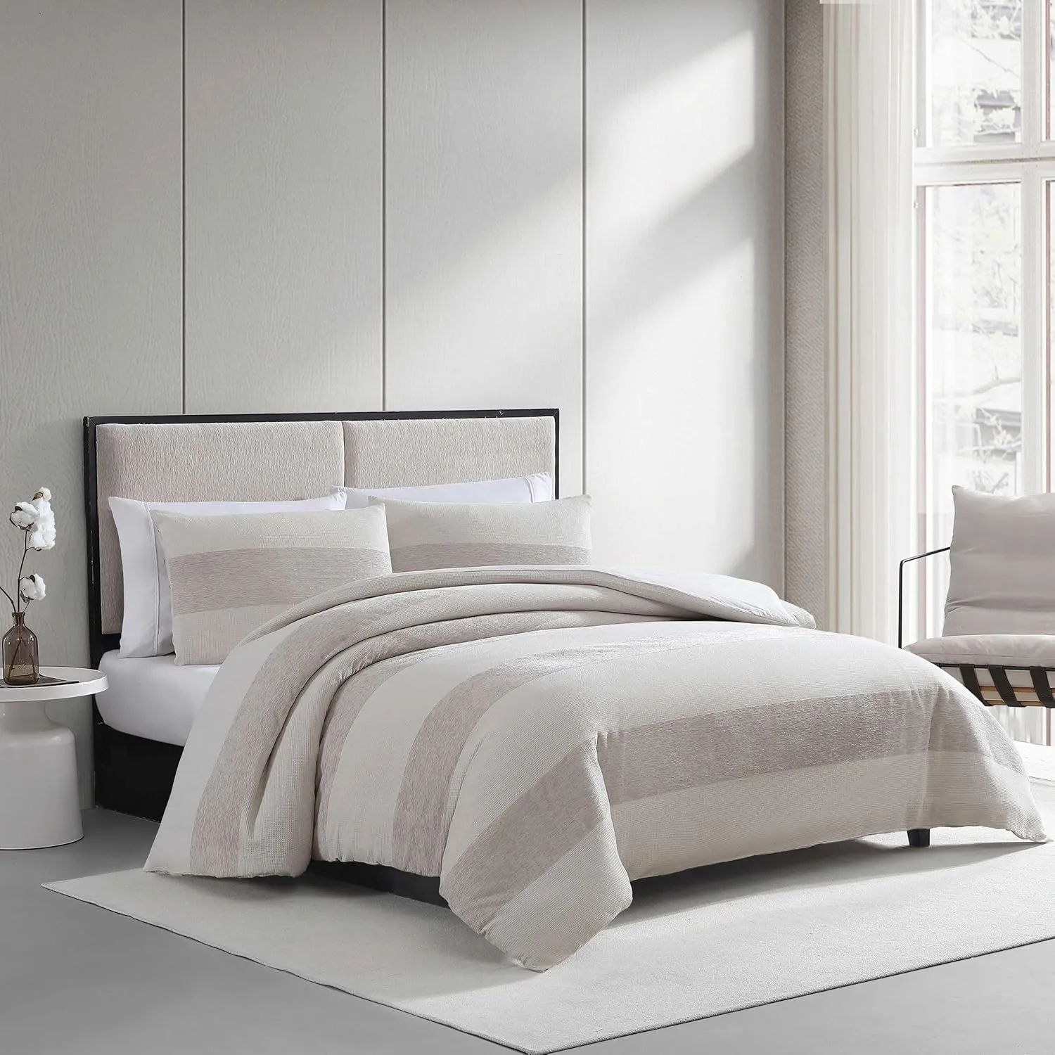 Vera Wang - King Comforter Set, Premium Cotton Bedding Set with Matching Shams, Chic Room Essentials, Oeko-Tex Certified (Chenille Waffle Stripe Beige, King)