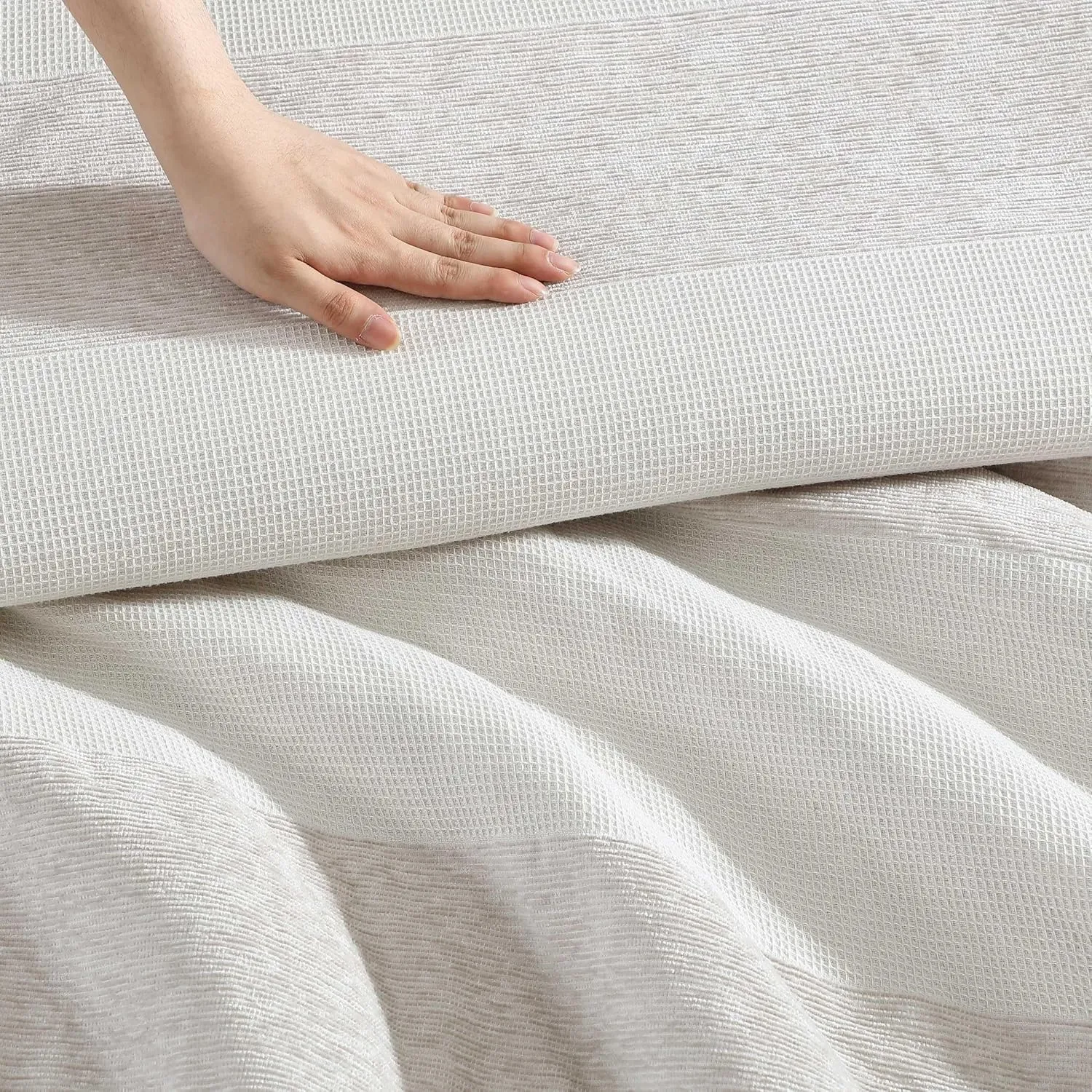 Vera Wang - King Comforter Set, Premium Cotton Bedding Set with Matching Shams, Chic Room Essentials, Oeko-Tex Certified (Chenille Waffle Stripe Beige, King)