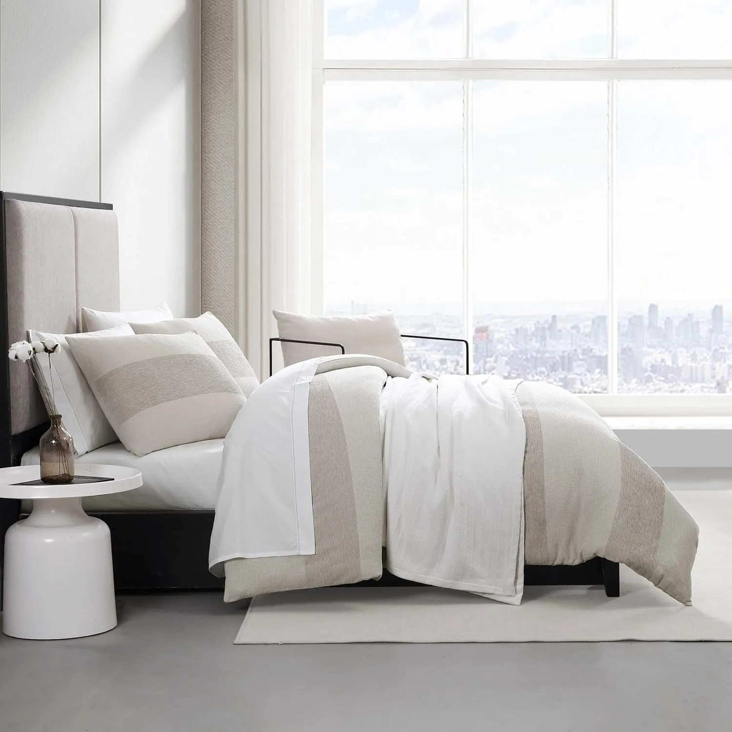 Vera Wang - King Comforter Set, Premium Cotton Bedding Set with Matching Shams, Chic Room Essentials, Oeko-Tex Certified (Chenille Waffle Stripe Beige, King)
