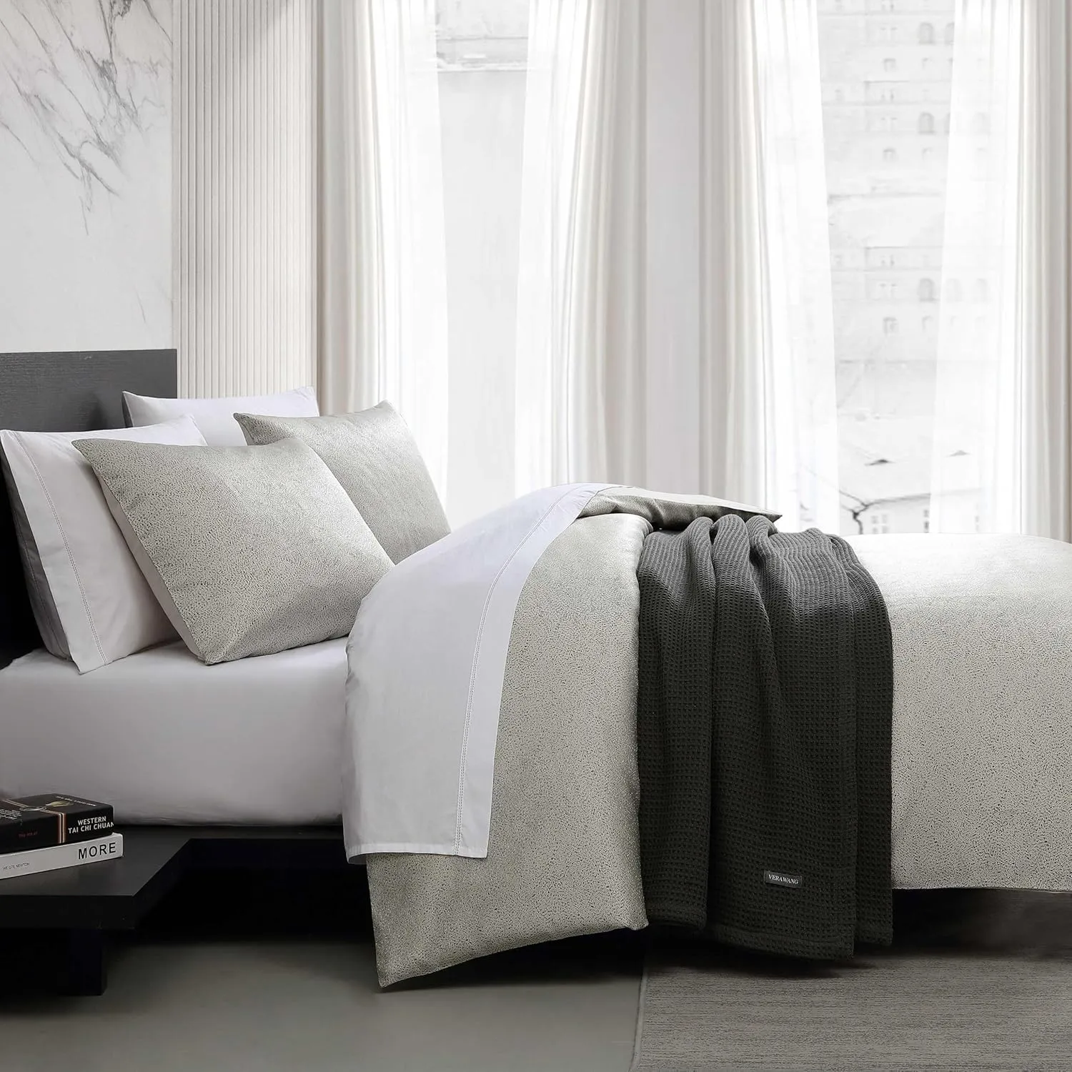 Vera Wang - King Comforter Set, Satin Weave Bedding Set with Matching Shams, Oeko-Tex Certified (Speckled Satin Weave Taupe, King)
