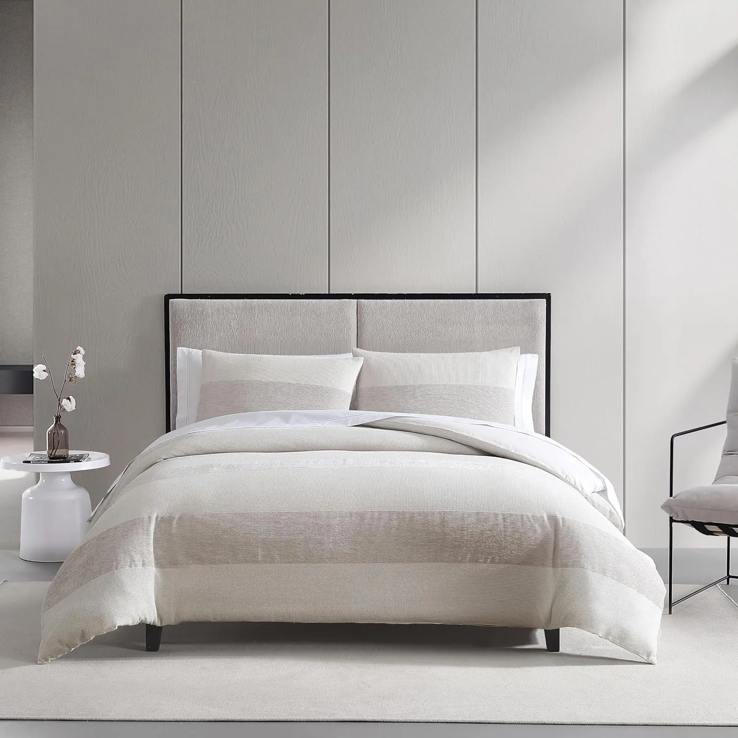 Vera Wang - Queen Comforter Set, Premium Cotton Bedding Set with Matching Shams, Chic Room Essentials, Oeko-Tex Certified (Chenille Waffle Stripe Beige, Queen)
