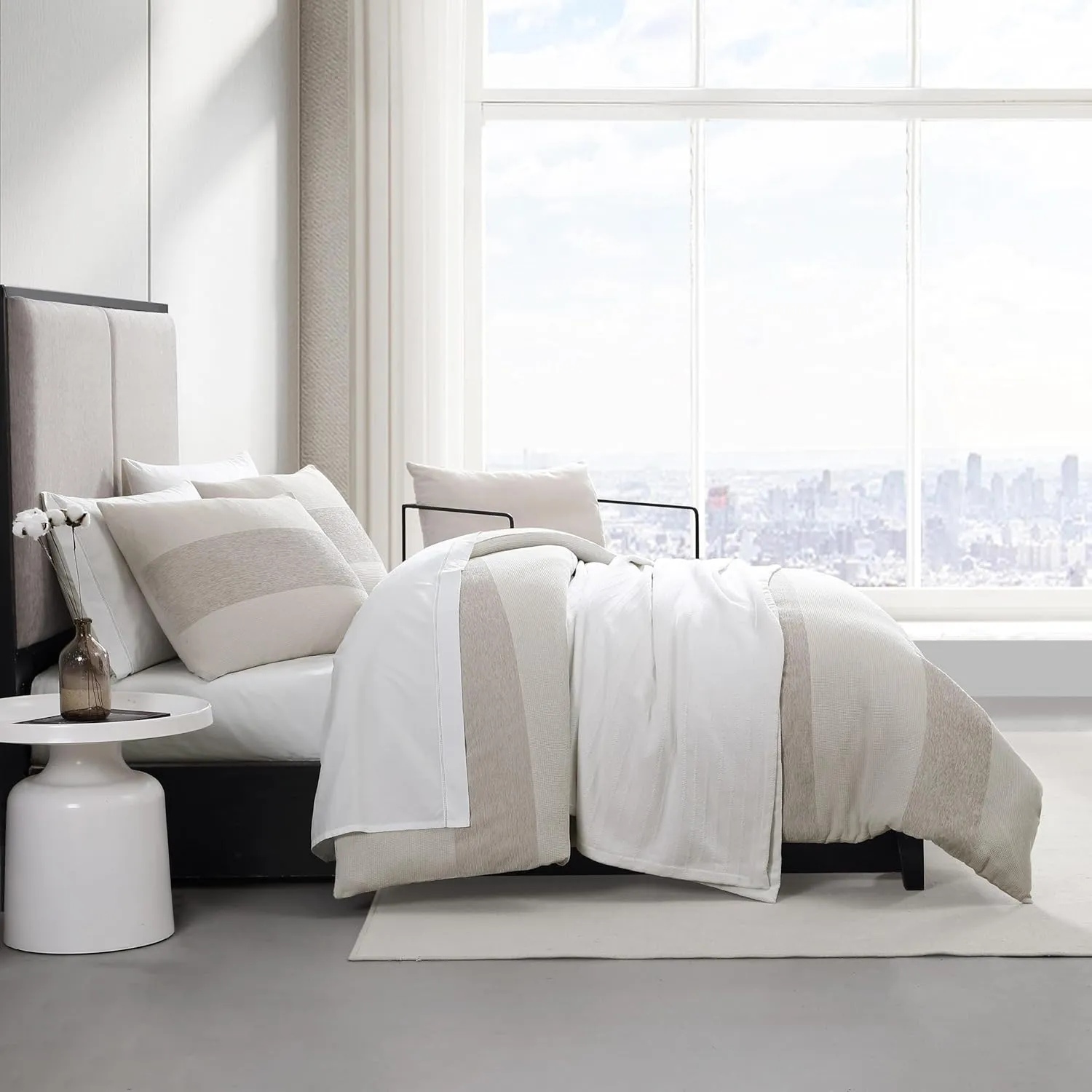 Vera Wang - Queen Comforter Set, Premium Cotton Bedding Set with Matching Shams, Chic Room Essentials, Oeko-Tex Certified (Chenille Waffle Stripe Beige, Queen)