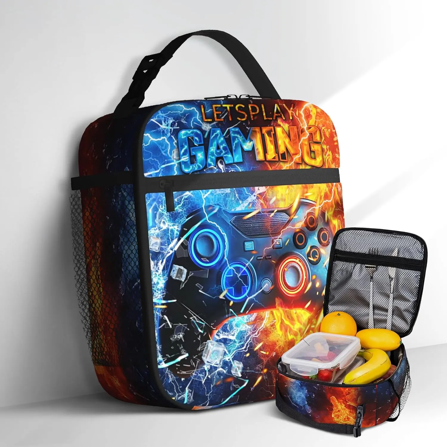 Video Game Lunch Box for Boys Gamepad Insulated Lunch Bag Reusable Cool Game Theme Lunchbox With Adjustable Shoulder Strap for Kids School Picnic Travel Back to School Gifts