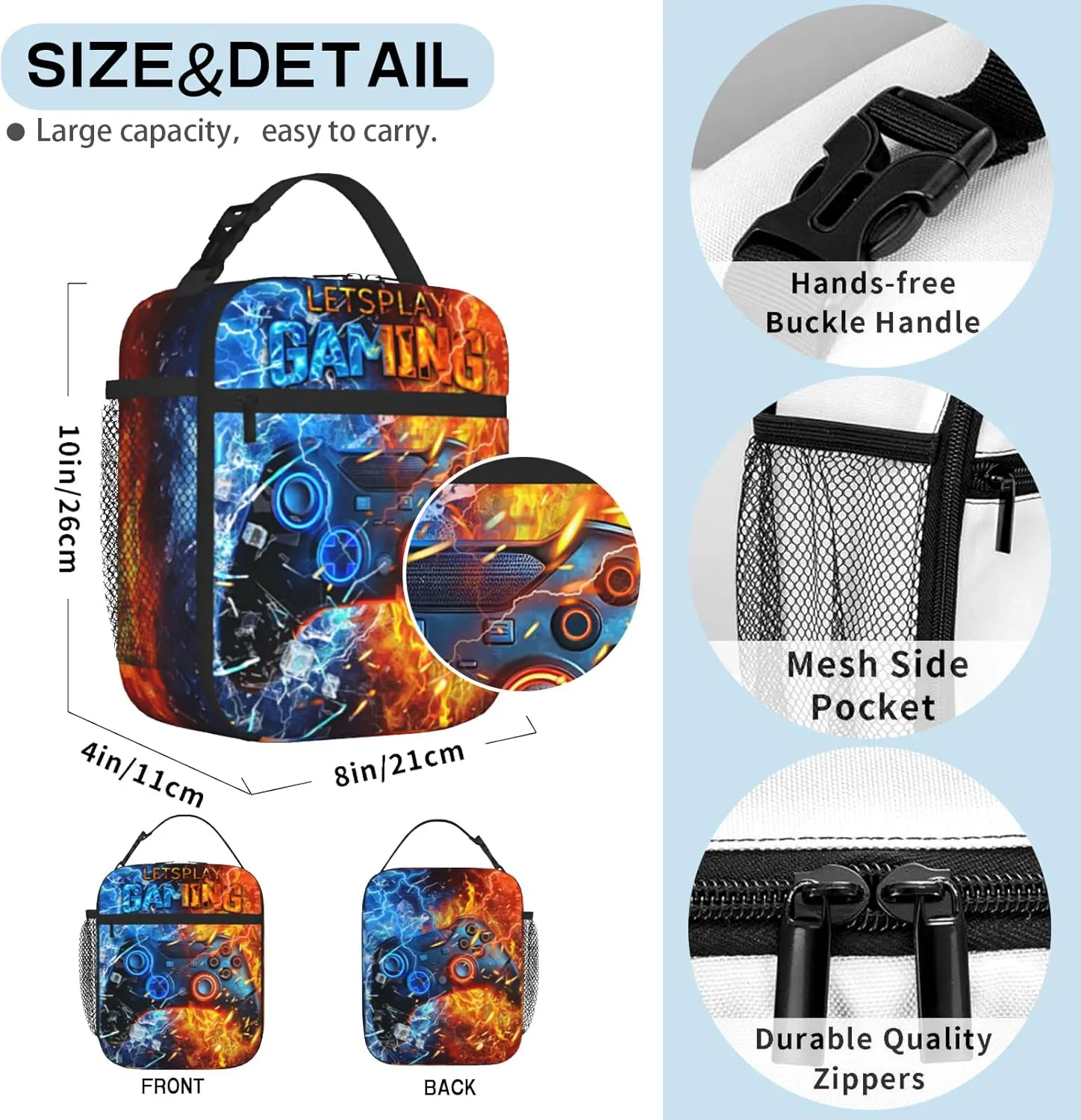 Video Game Lunch Box for Boys Gamepad Insulated Lunch Bag Reusable Cool Game Theme Lunchbox With Adjustable Shoulder Strap for Kids School Picnic Travel Back to School Gifts