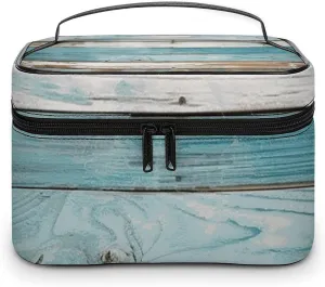 Vintage Beach Wood Old Blue Color Wooden Plank Travel Makeup Bag Portable Waterproof Cosmetic Bag PU Leather Makeup Brush Holder Toiletry Bag for Women Ladies