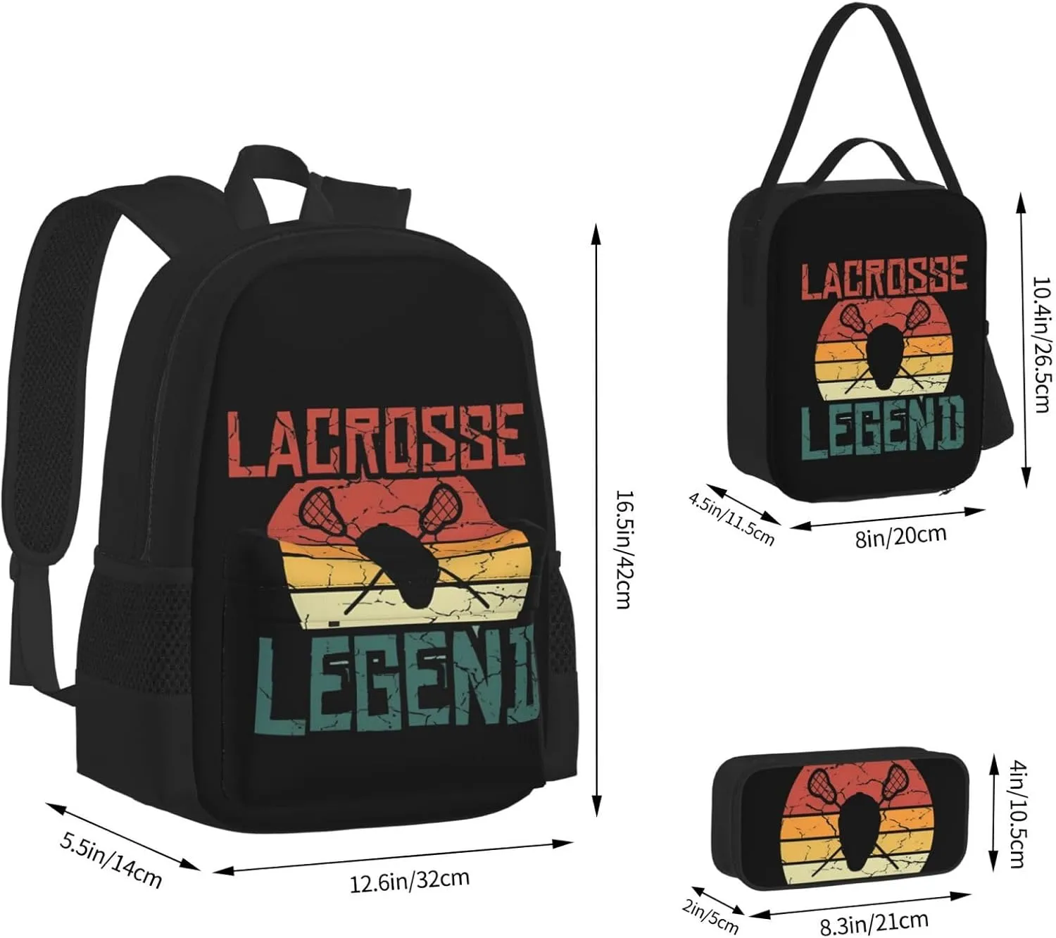 Vintage Distressed Lacrosse Legend Multifunctional Pocket Backpack Crossbody Lunch Bag Pencil Case 3Pcs Set Large Capacity Backpack