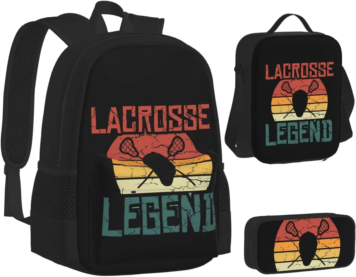 Vintage Distressed Lacrosse Legend Multifunctional Pocket Backpack Crossbody Lunch Bag Pencil Case 3Pcs Set Large Capacity Backpack
