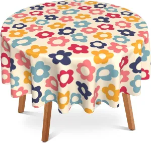 Vintage Groovy Flowers Round Tablecloth 60 Inch,Waterproof Table Cloth Cover Decorative for Party Holiday Dinning Tabletop Home Décor