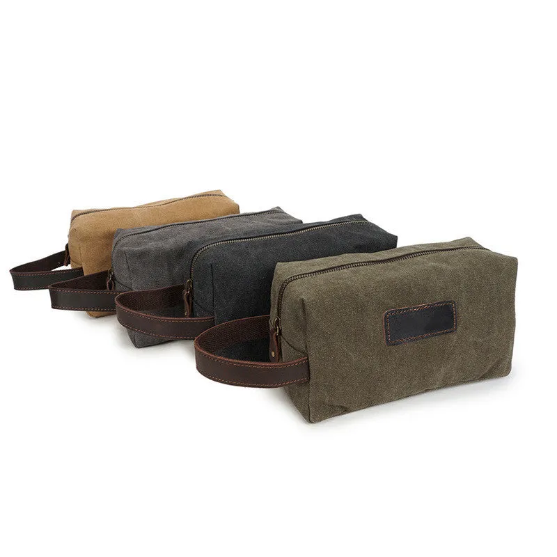 Vintage Wax Canvas Toiletry Bag with Leather Handle