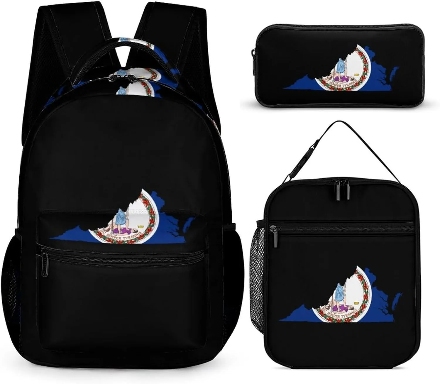 Virginia State Flag Map Unisex 3 Pcs Backpack Set Stylish 16" Travel Backpack with Lunch Bag & Pencil Case