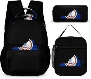 Virginia State Flag Map Unisex 3 Pcs Backpack Set Stylish 16" Travel Backpack with Lunch Bag & Pencil Case