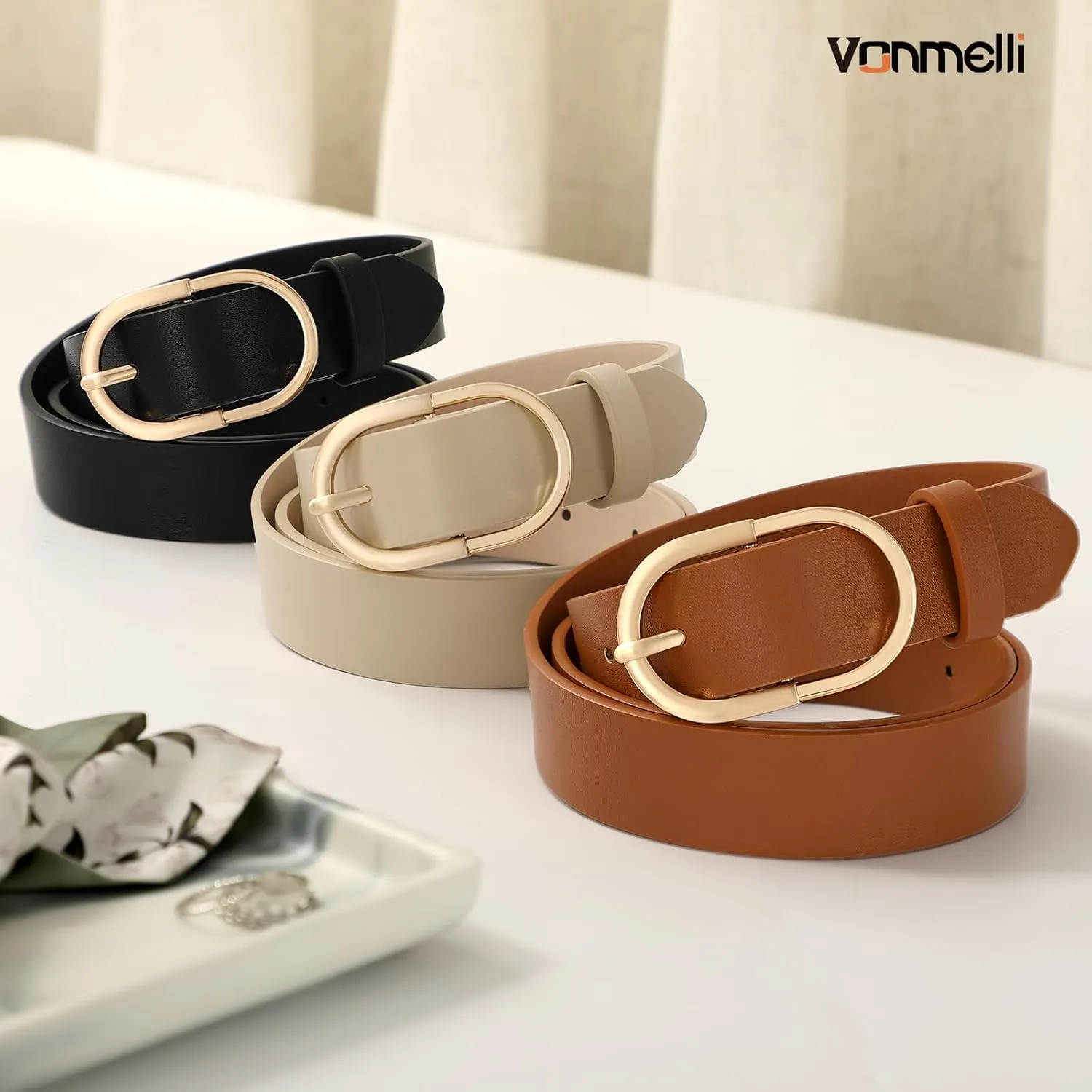 VONMELLI 3 Pack Women's Belts for Jeans Pants Fashion Gold Buckle Ladies Dress Belt