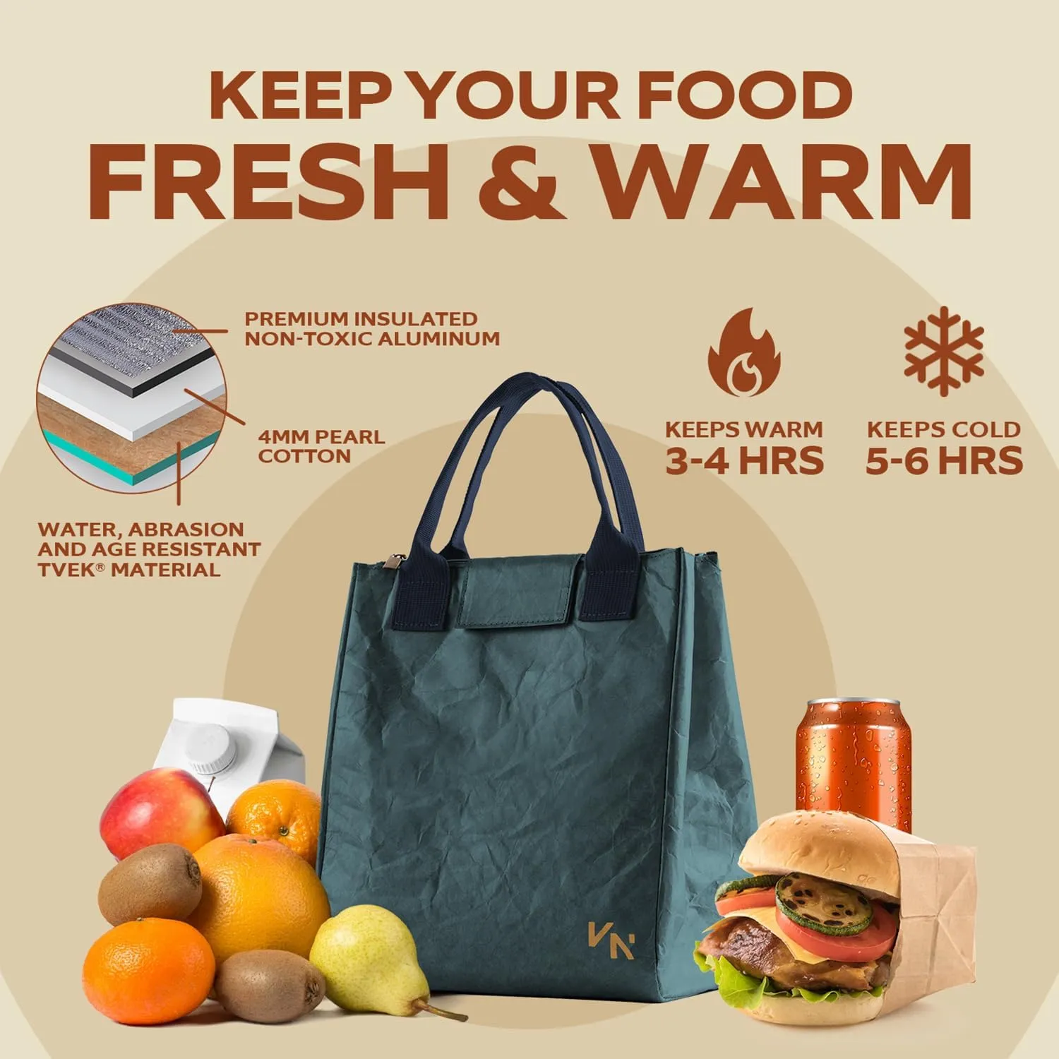 VonNova Insulated Lunch Box for Women, 7L Capacity, Leakproof Lunch Tote Bag, Durable Lunchbox made from Tyvek Material, Adult Cooler Bag for Work, Picnic, Travel and more (Blue)