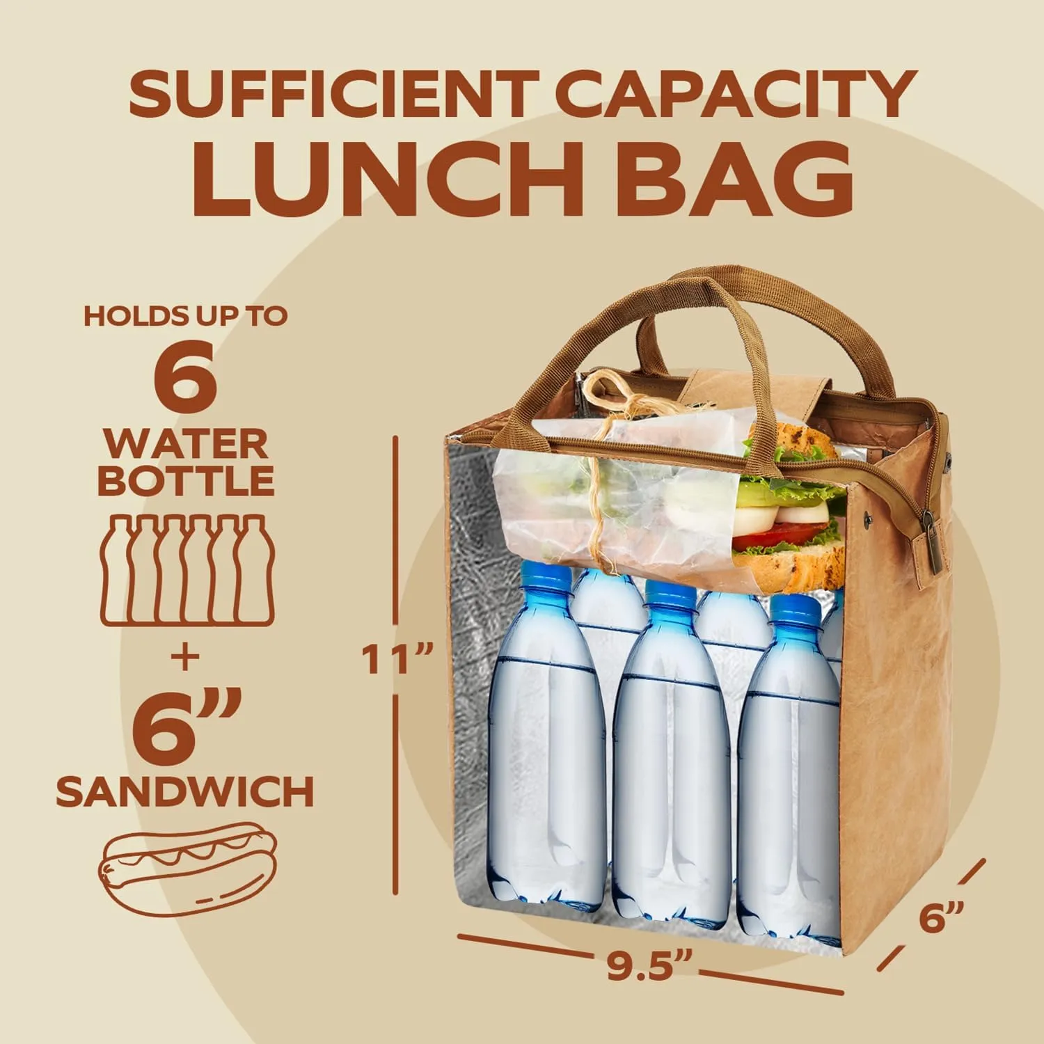 VonNova Insulated Lunch Box for Women, 7L Capacity, Leakproof Lunch Tote Bag, Durable Lunchbox made from Tyvek Material, Adult Cooler Bag for Work, Picnic, Travel and more (Brown)