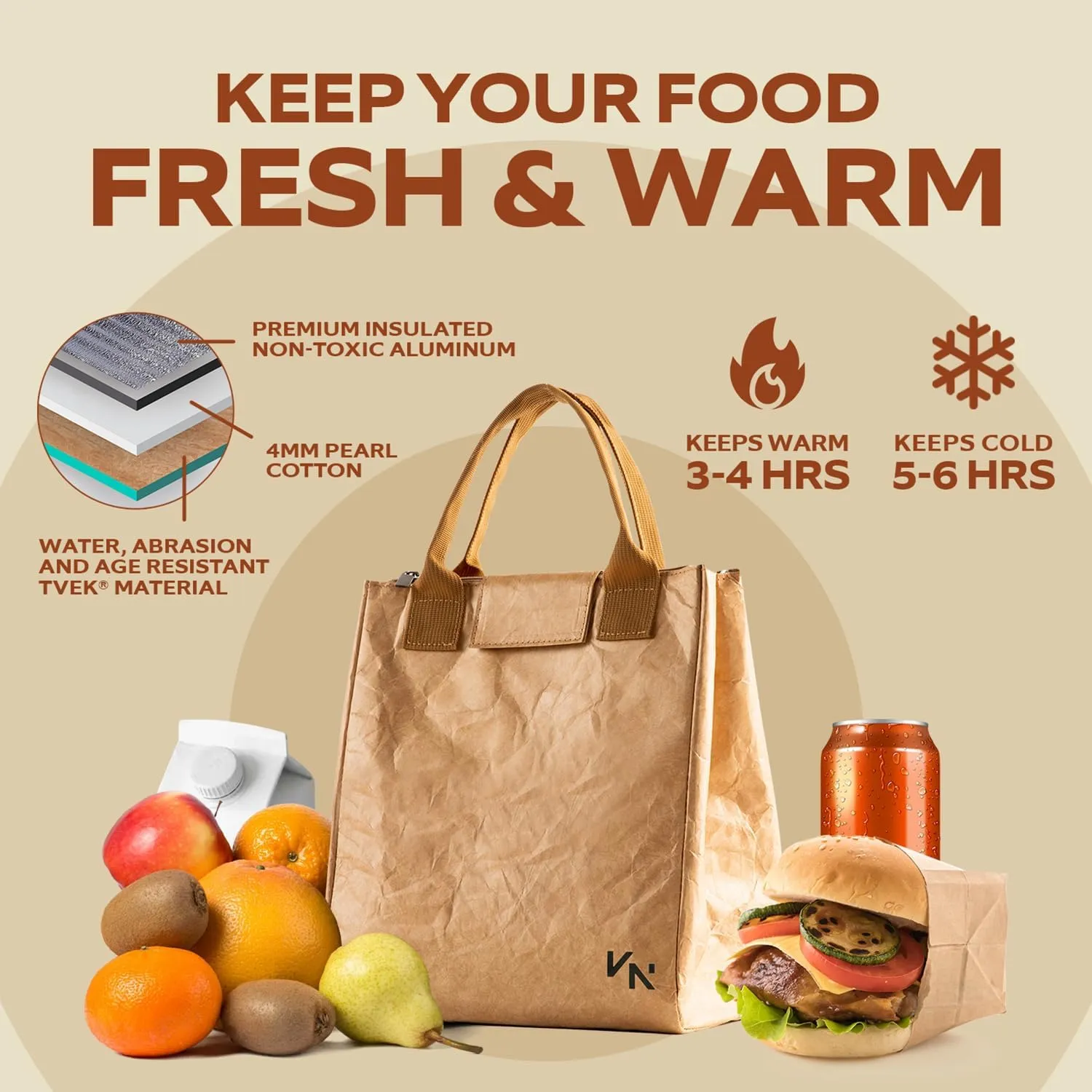 VonNova Insulated Lunch Box for Women, 7L Capacity, Leakproof Lunch Tote Bag, Durable Lunchbox made from Tyvek Material, Adult Cooler Bag for Work, Picnic, Travel and more (Brown)