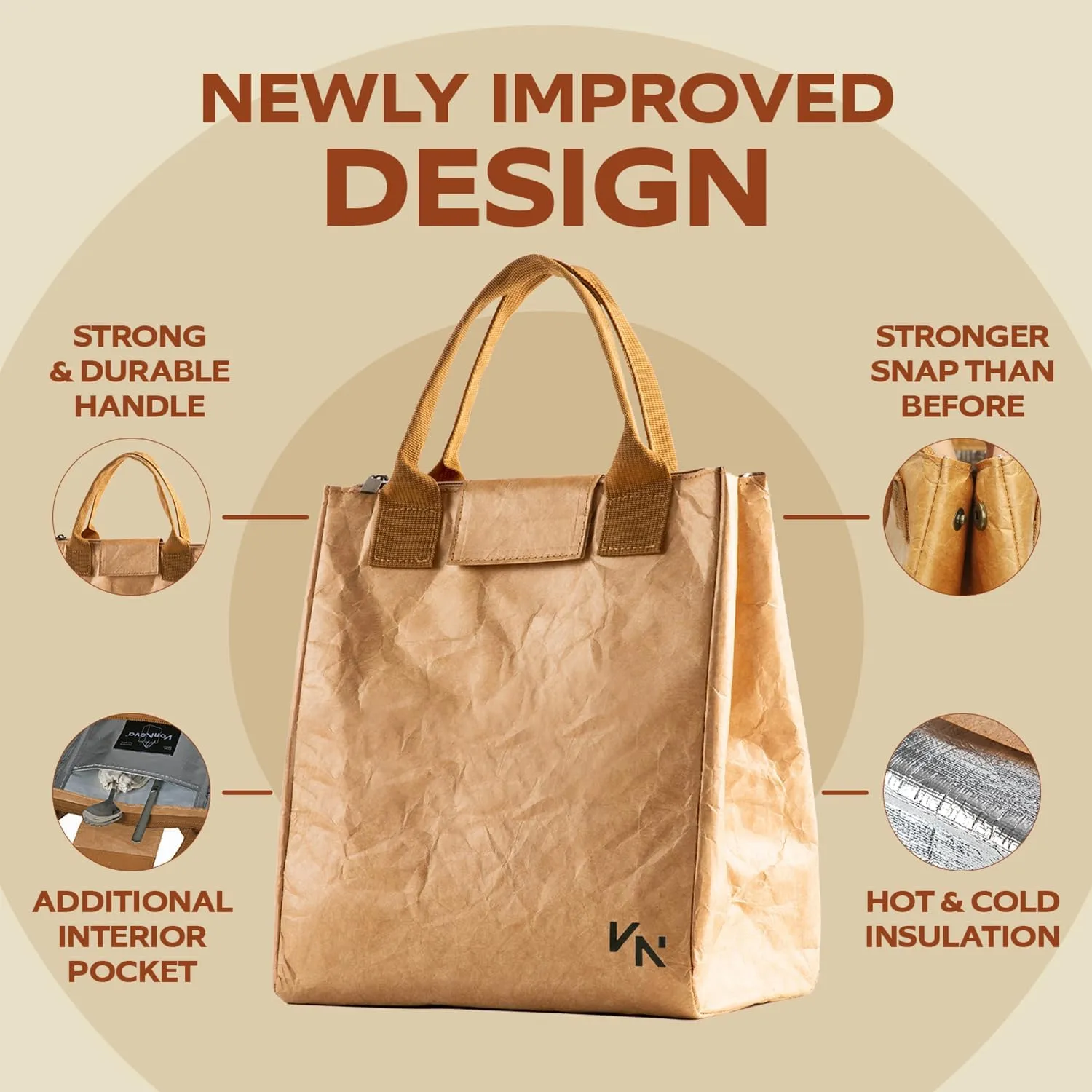 VonNova Insulated Lunch Box for Women, 7L Capacity, Leakproof Lunch Tote Bag, Durable Lunchbox made from Tyvek Material, Adult Cooler Bag for Work, Picnic, Travel and more (Brown)