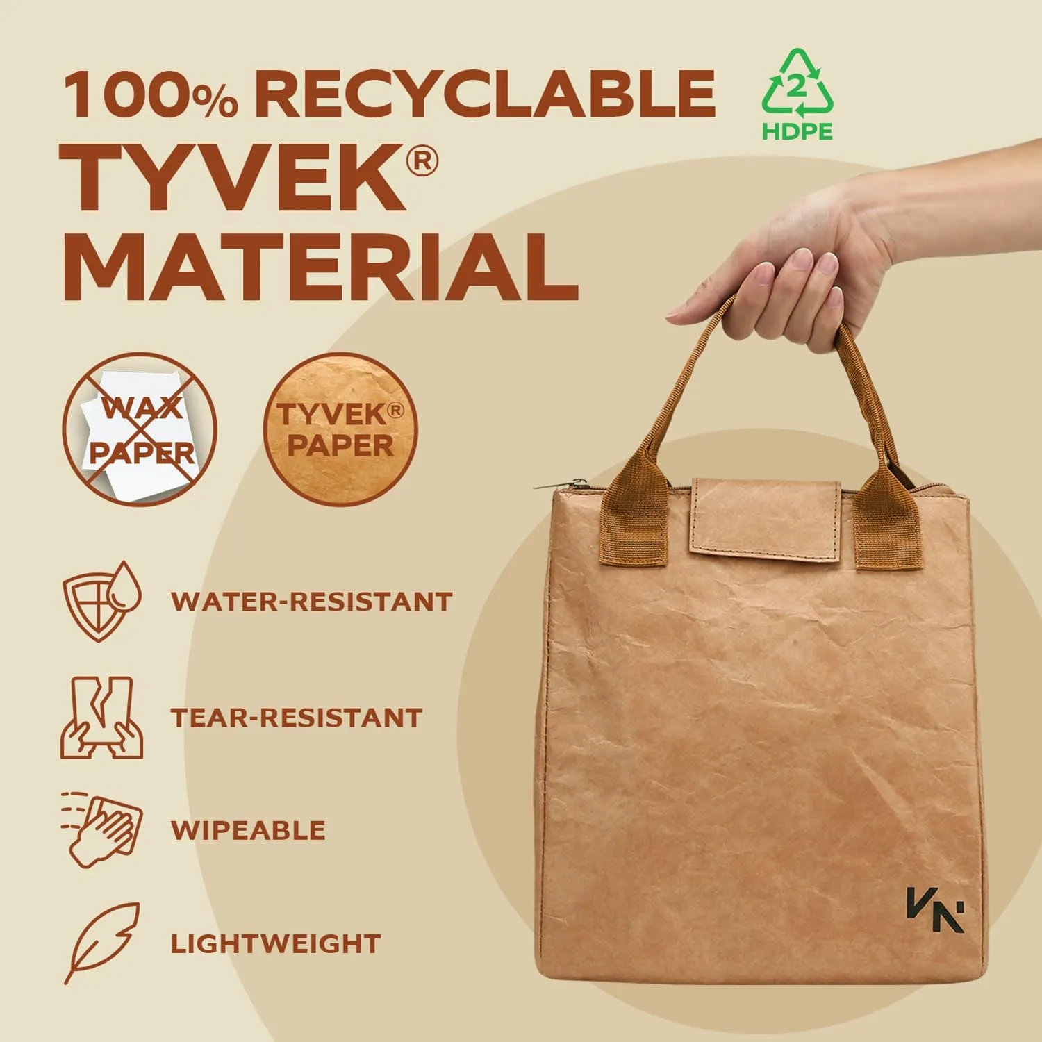 VonNova Insulated Lunch Box for Women, 7L Capacity, Leakproof Lunch Tote Bag, Durable Lunchbox made from Tyvek Material, Adult Cooler Bag for Work, Picnic, Travel and more (Brown)