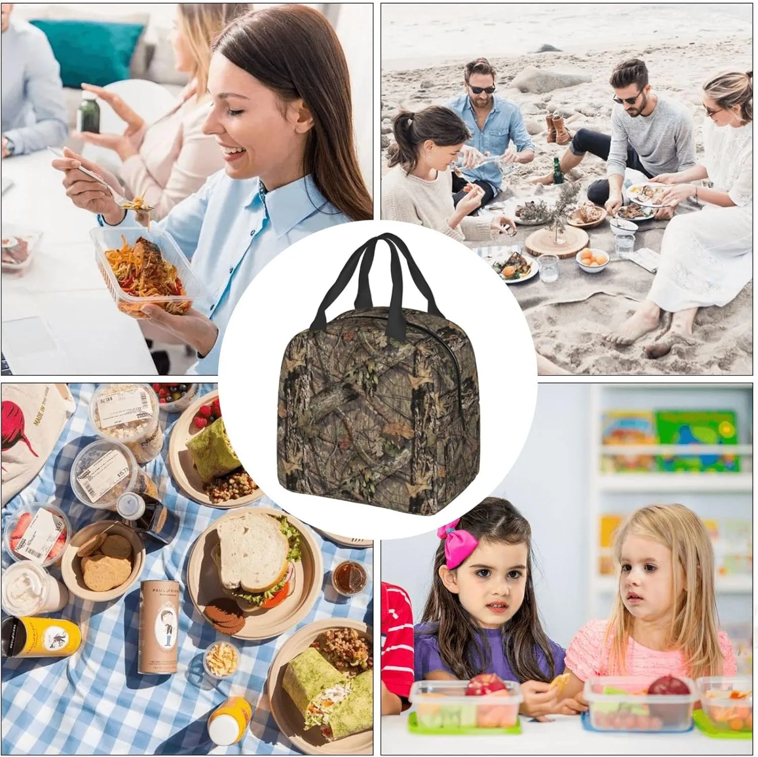 VOOHDDY Camo Hunting Camouflage Forest Insulated Lunch Bag For Women Men Reusable Lunch Box Container Waterproof Portable Cooler Thermal Tote Bag For Work Office Picnic Beach Travel