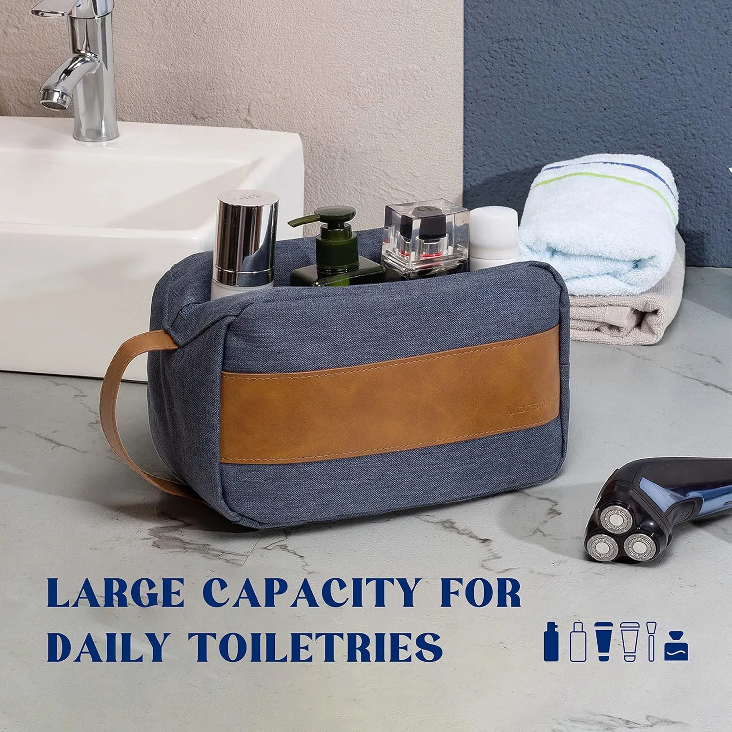 Vorspack Toiletry Bag for Men - Large Dopp Kit for Travel Water Resistant Travel Bag for Toiletries Accessories Lightweight Toiletries Bag - Blue